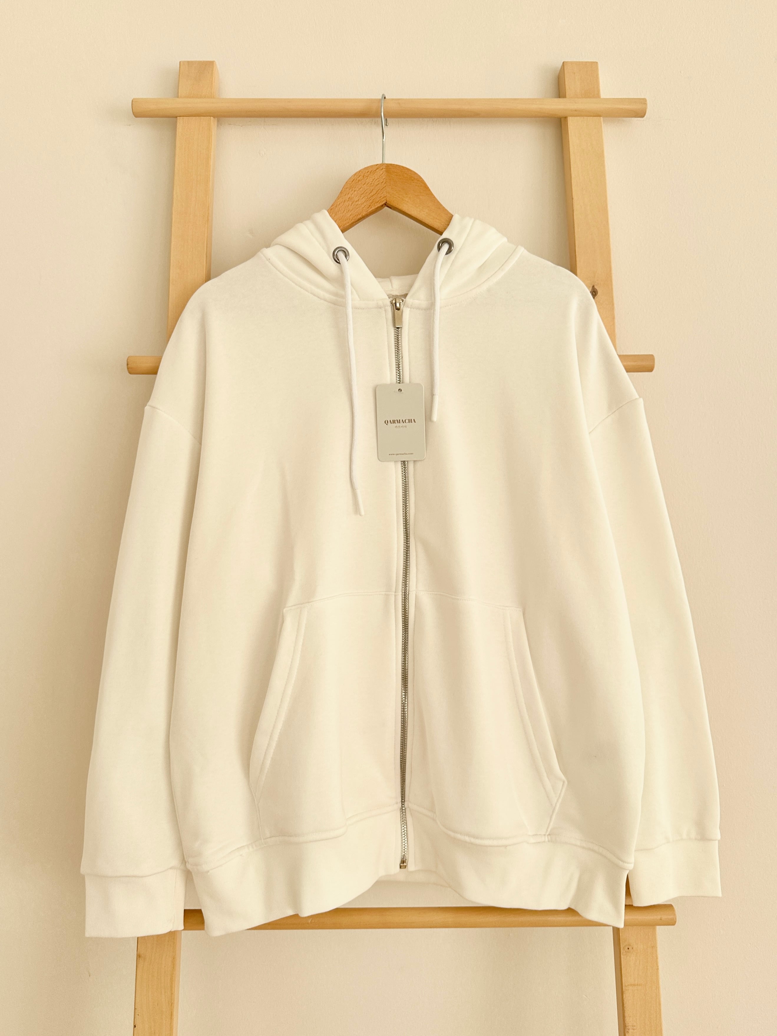 Kapüşonlu Basic Sweat Hırka - Beyaz