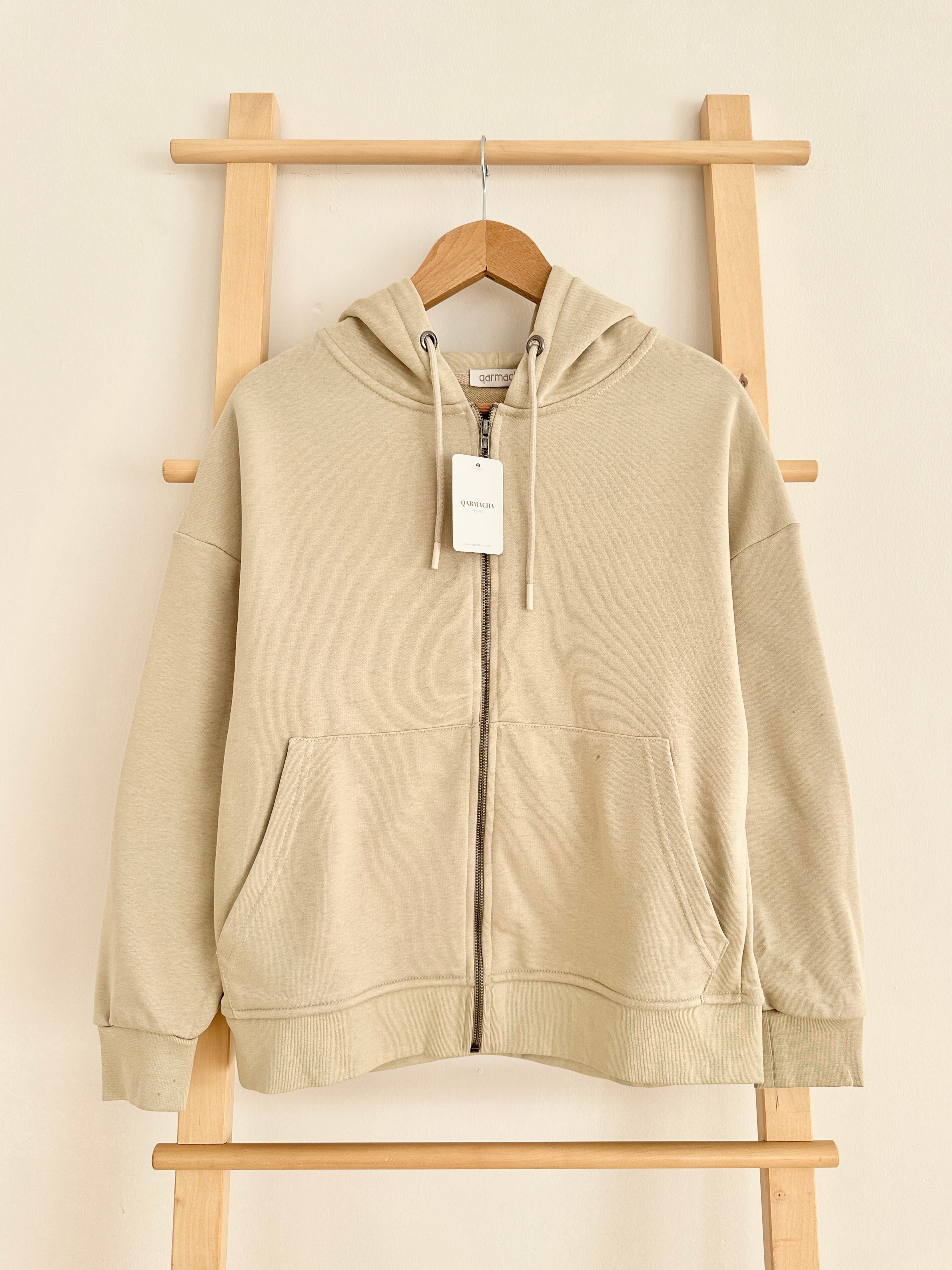 Kapüşonlu Basic Sweat Hırka - Bej
