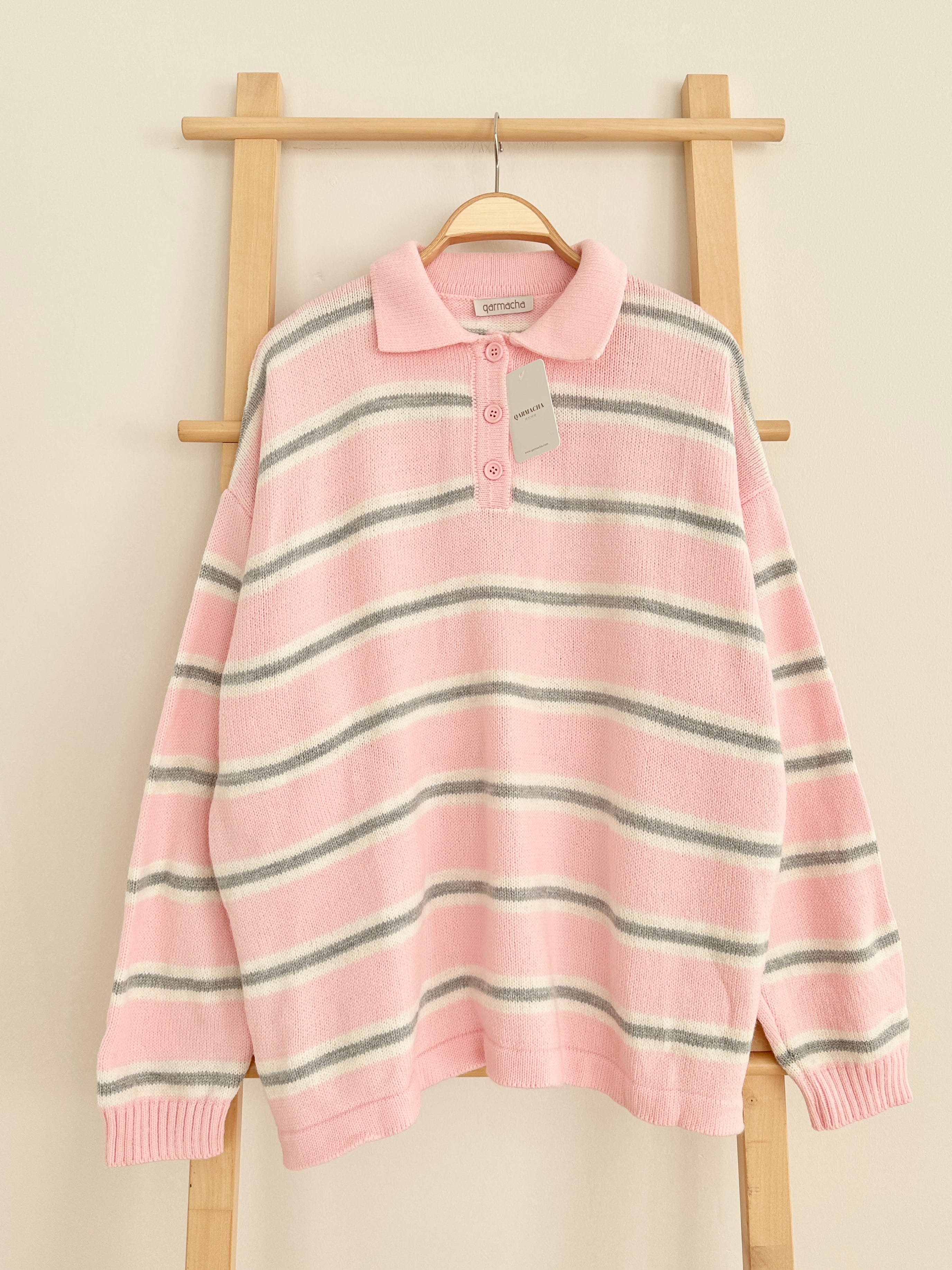 Polo Yaka Çizgili Kazak - Pembe