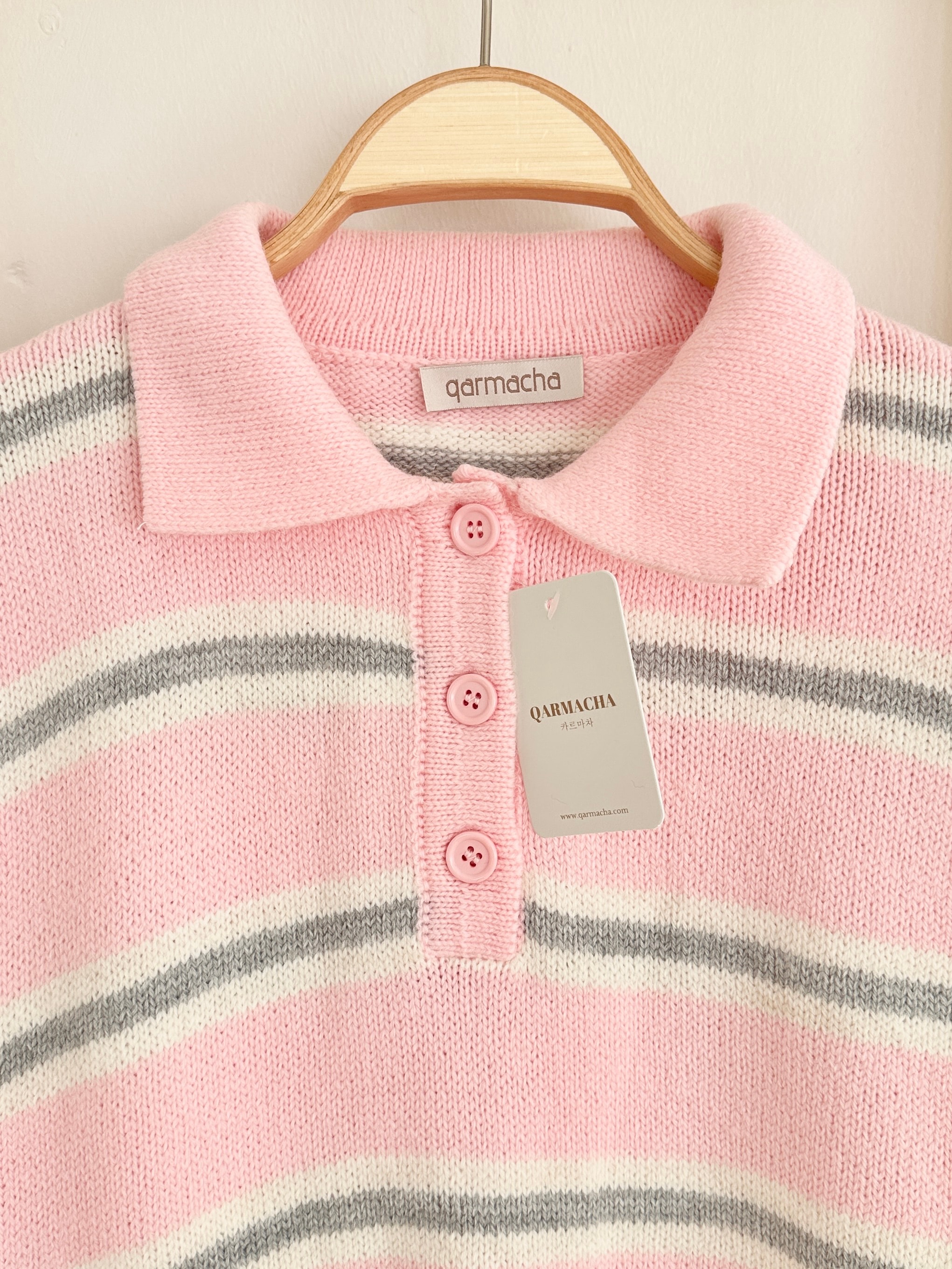 Polo Yaka Çizgili Kazak - Pembe