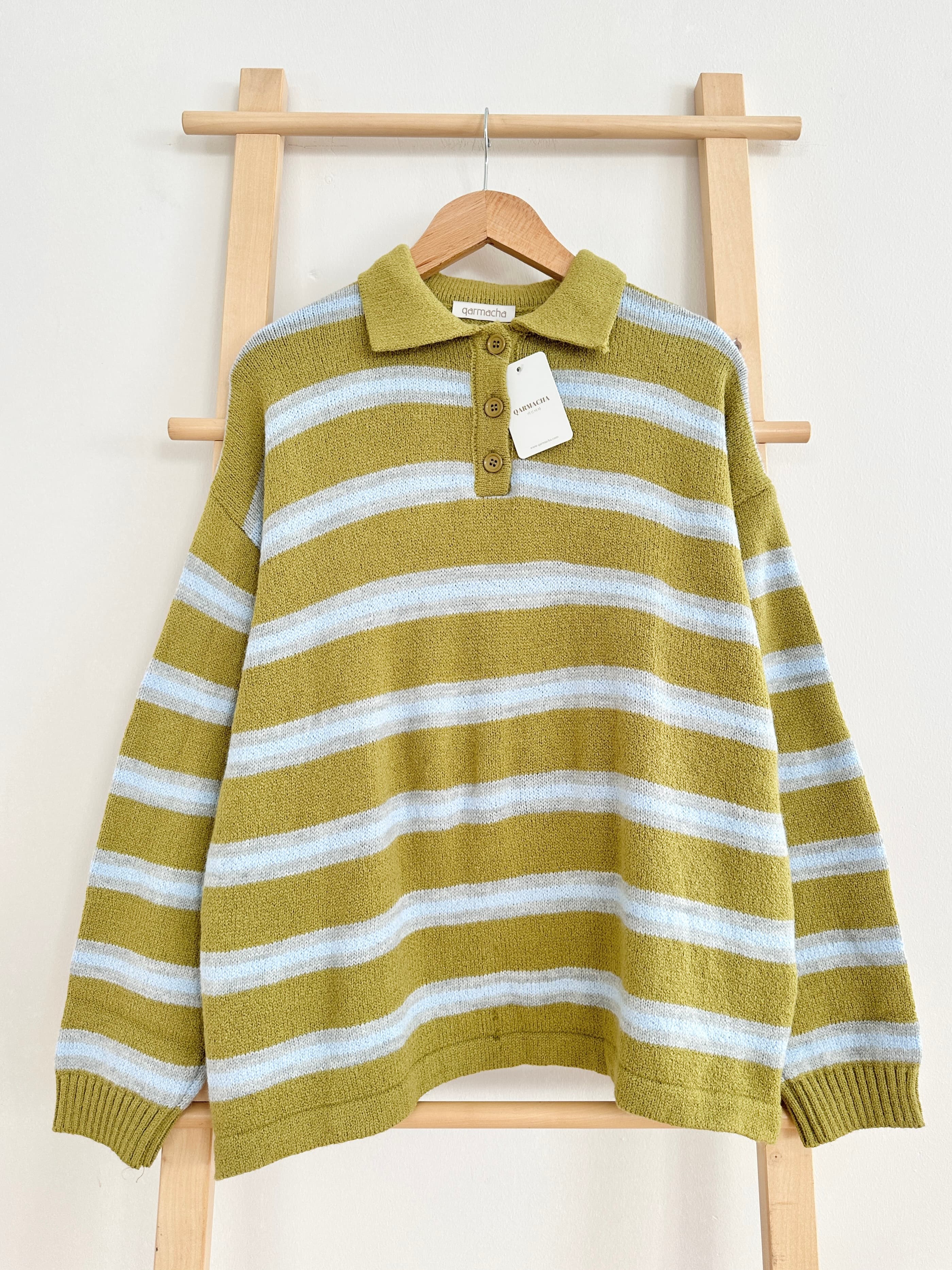 Polo Yaka Çizgili Kazak - Olive