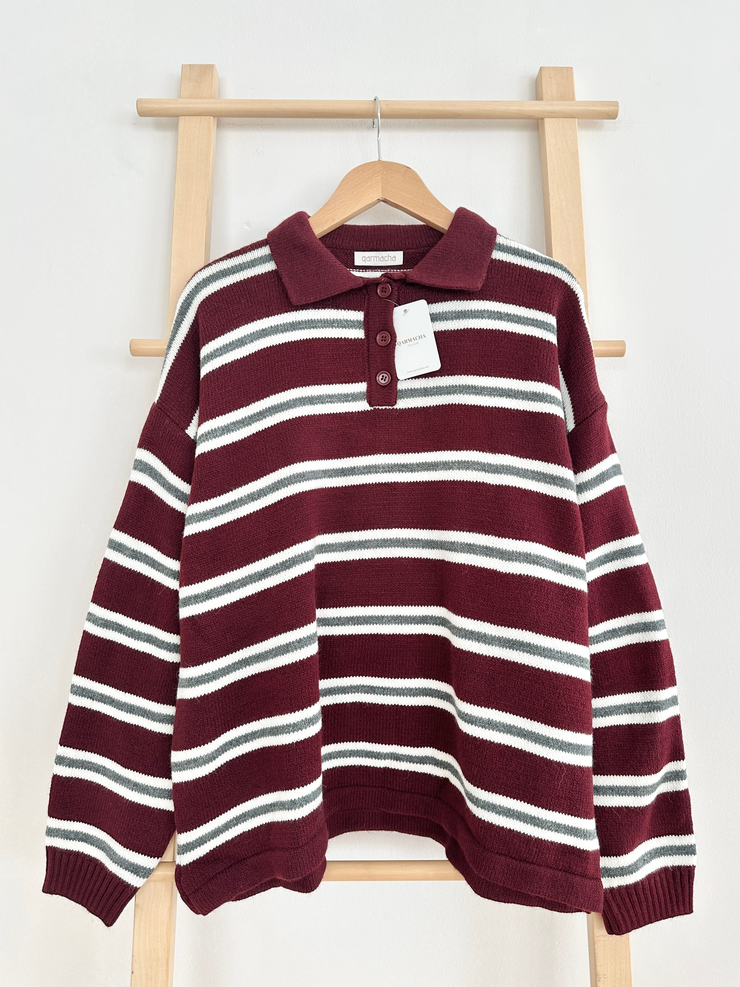Polo Yaka Çizgili Kazak - Bordo