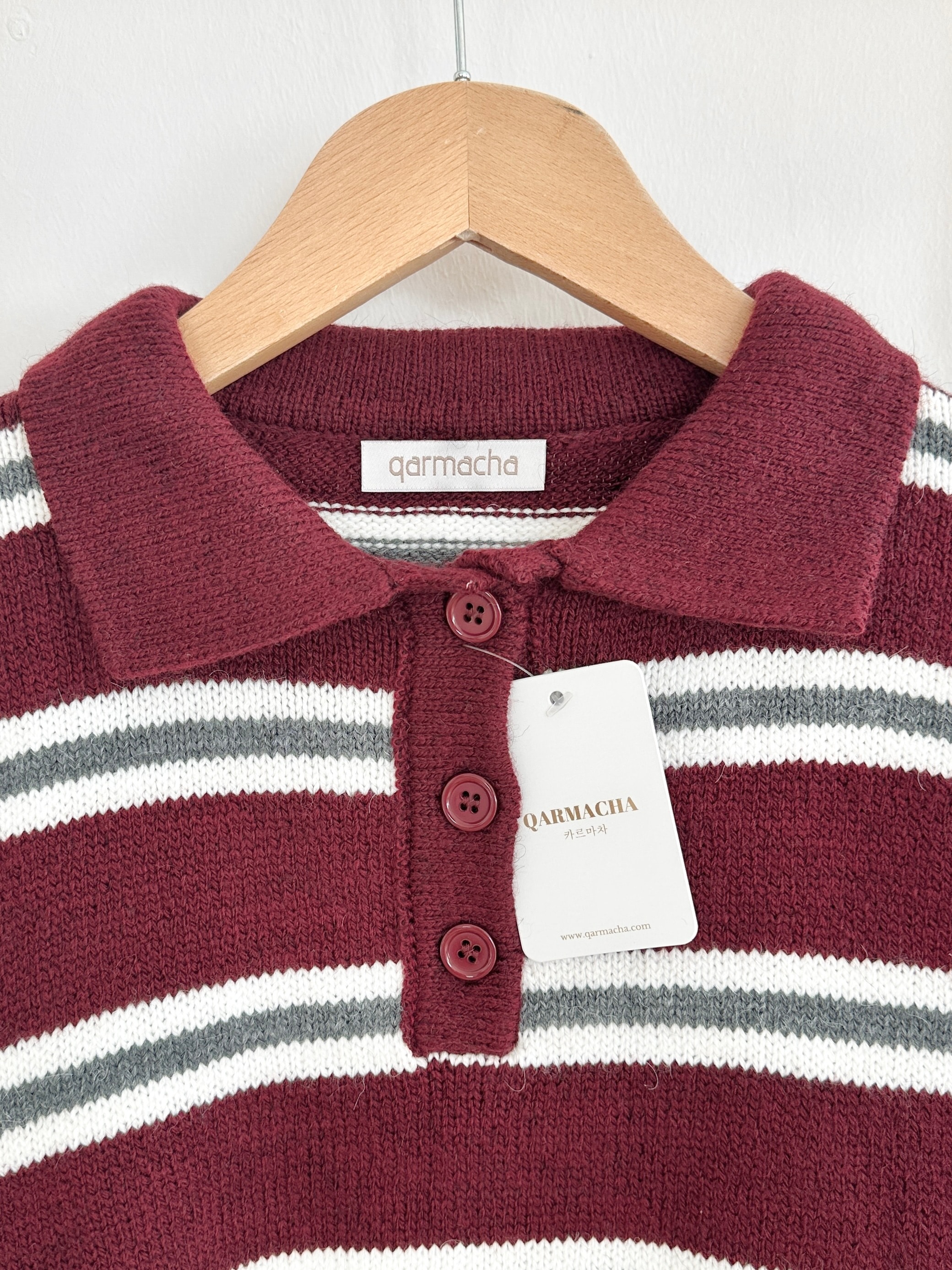 Polo Yaka Çizgili Kazak - Bordo
