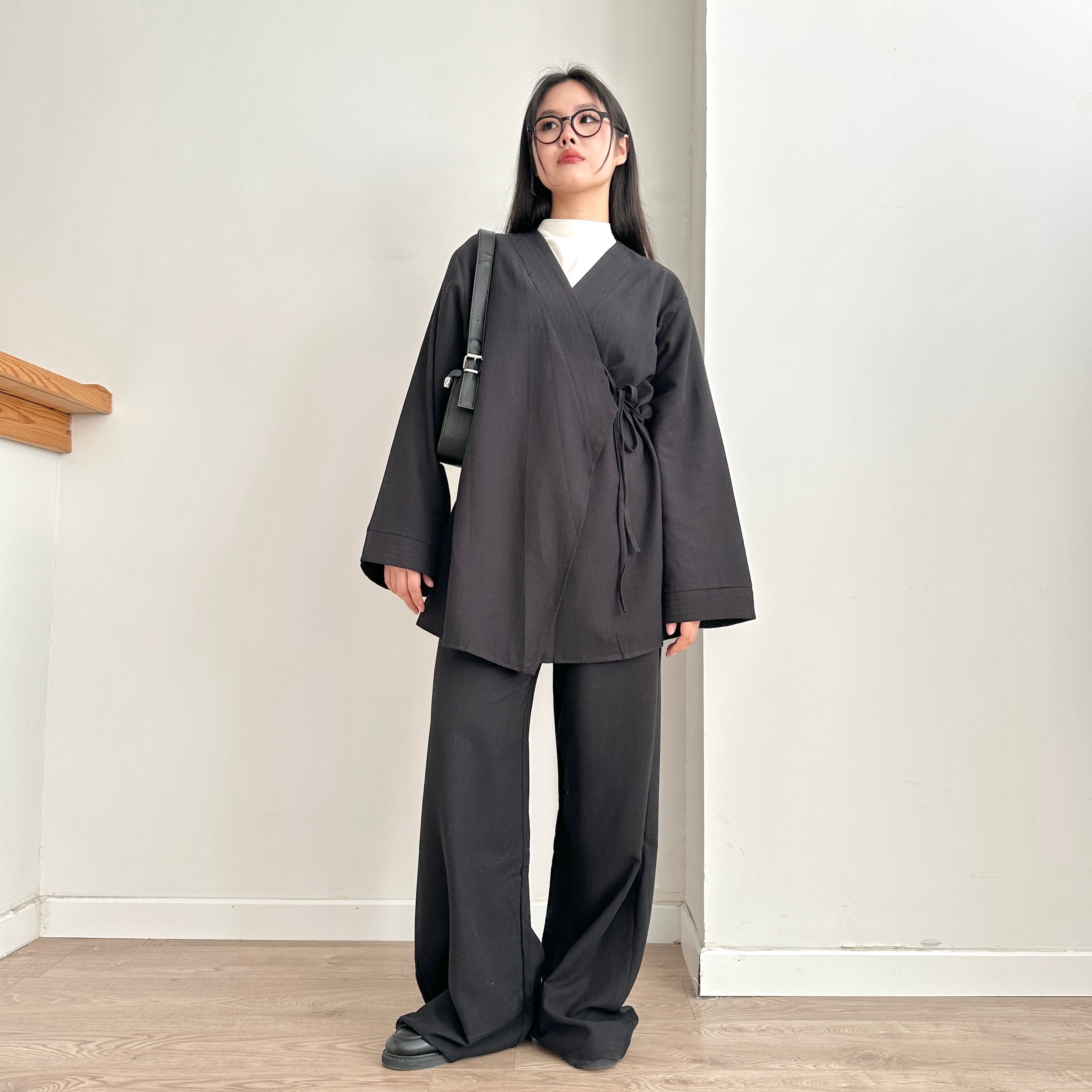 Belden Bağlamalı Keten Kimono & Pantolon Takım - Siyah