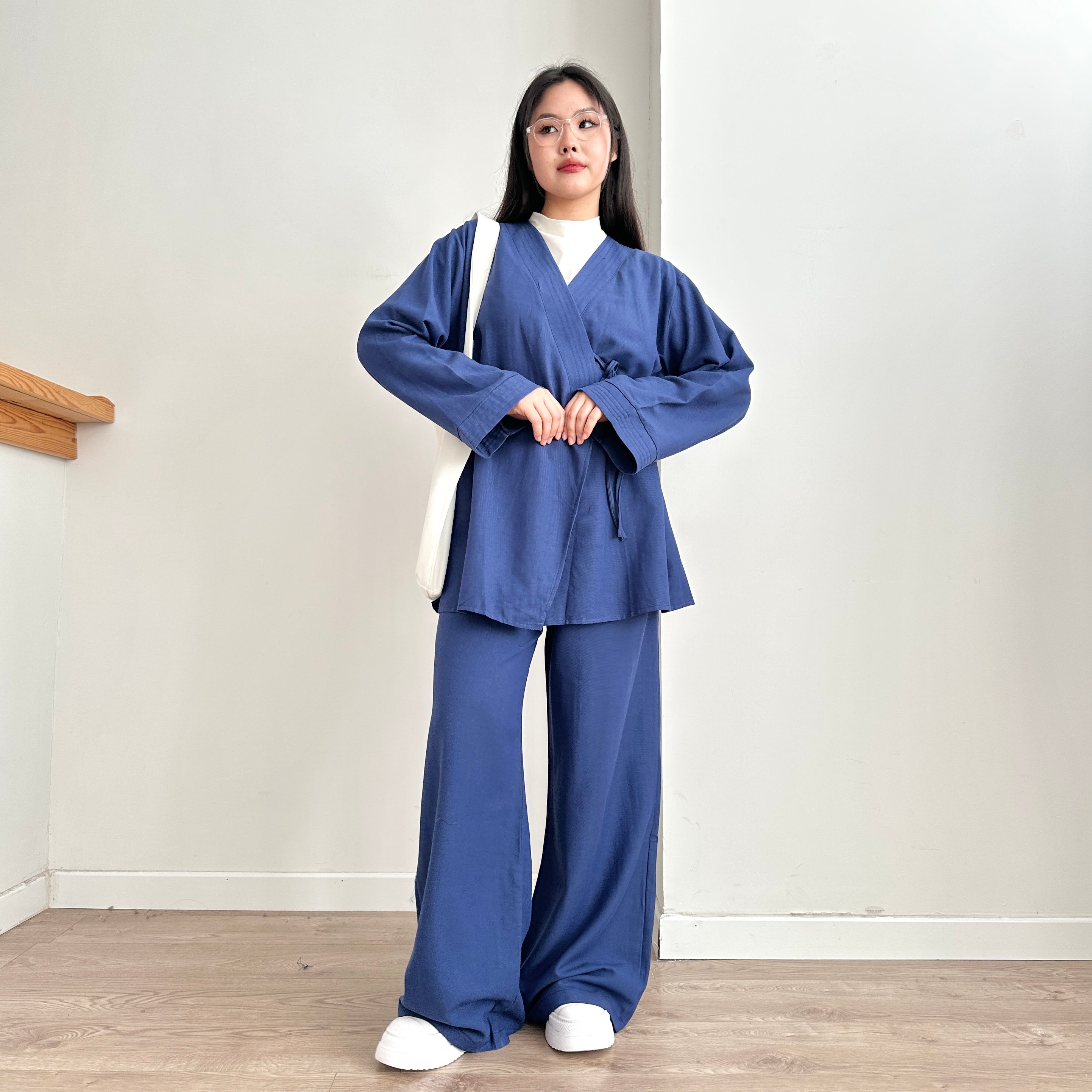 Belden Bağlamalı Keten Kimono & Pantolon Takım - Saks Mavisi