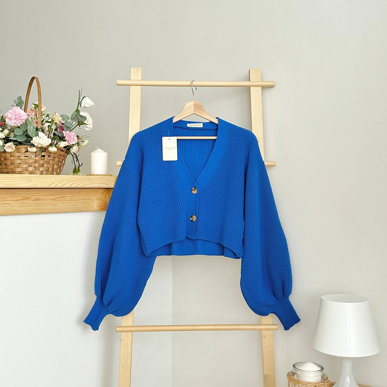 BALON KOL TRİKO CROP HIRKA - Saks Mavisi