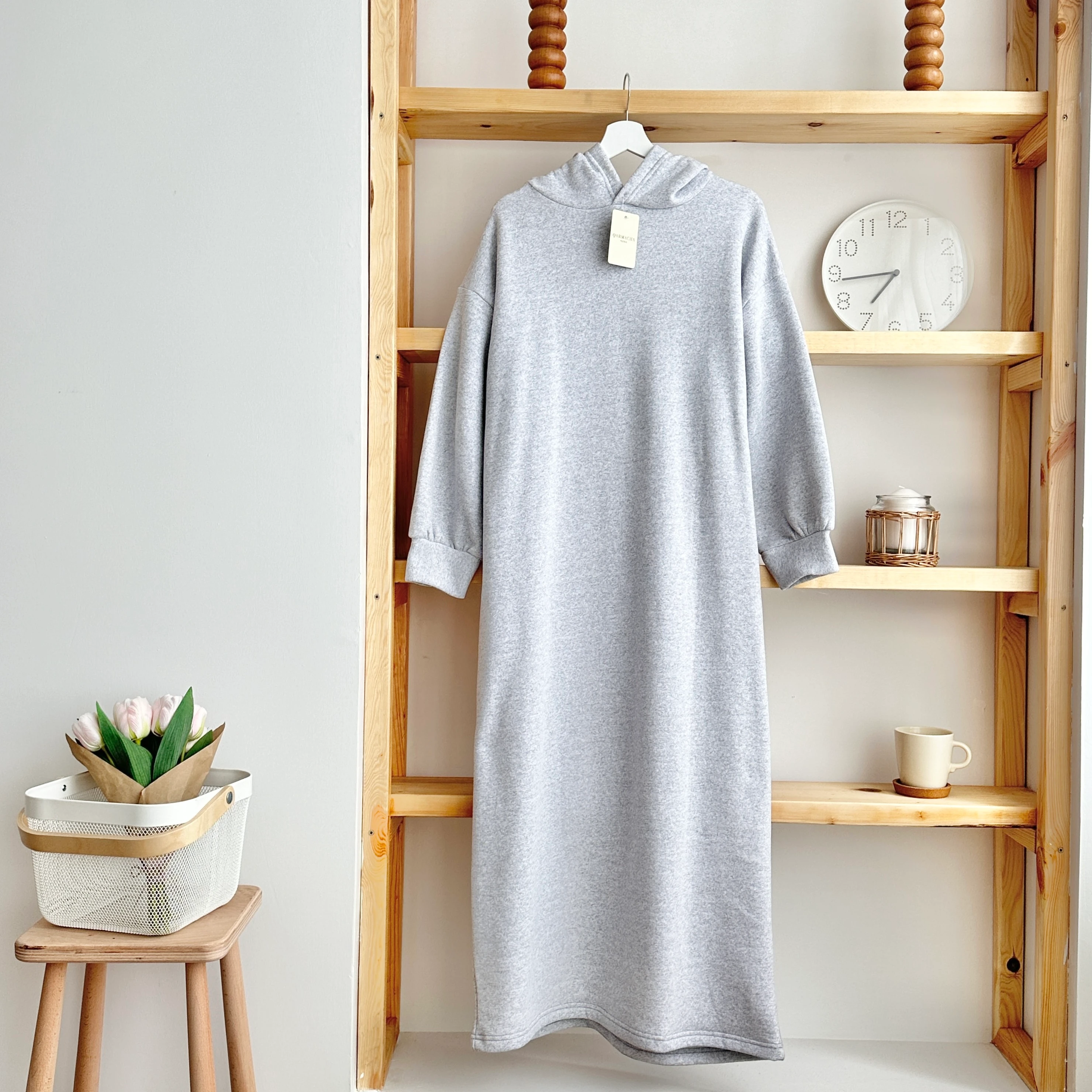 3 İplik Kapüşonlu Sweat Elbise - Gri