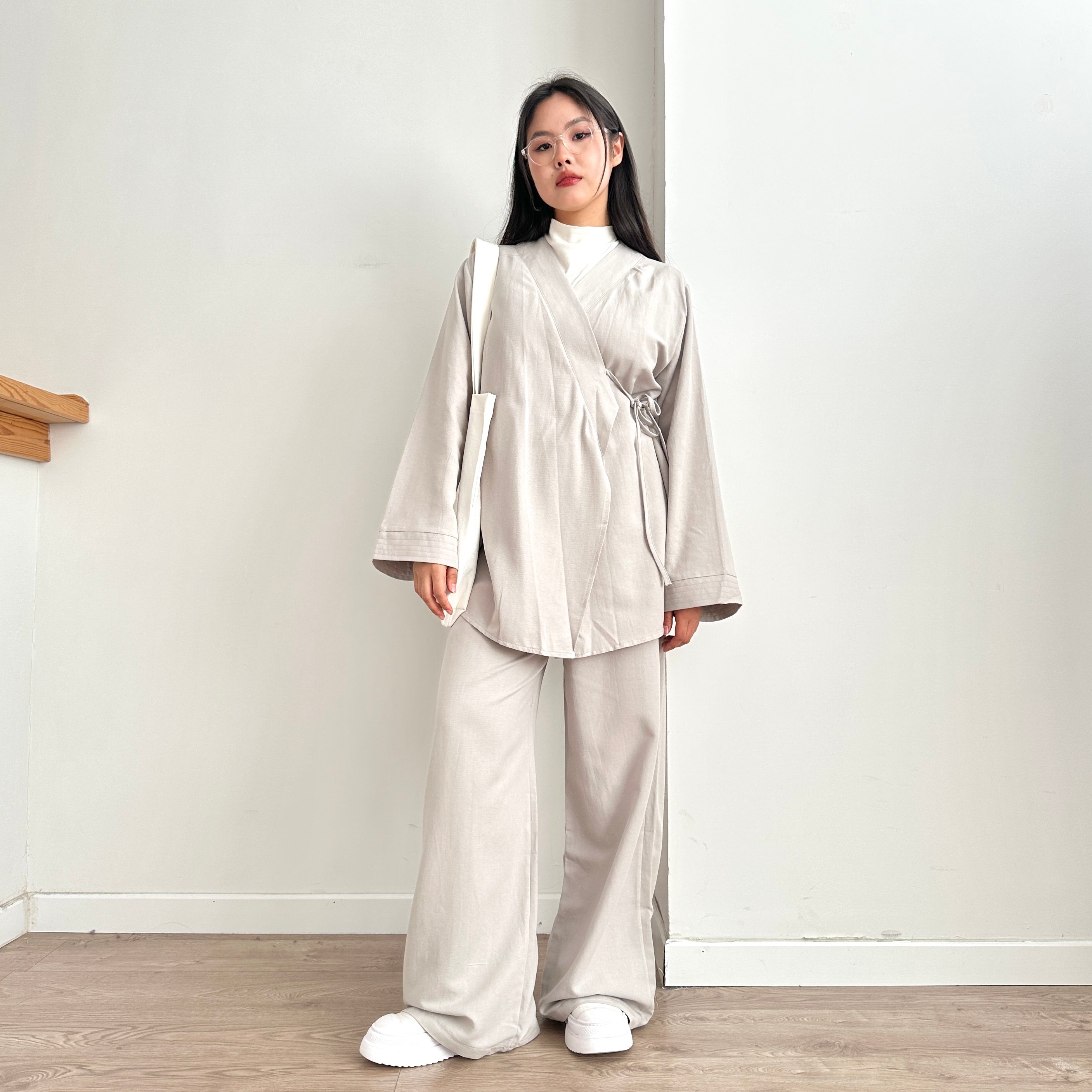 Belden Bağlamalı Keten Kimono & Pantolon Takım - Küllü Gri