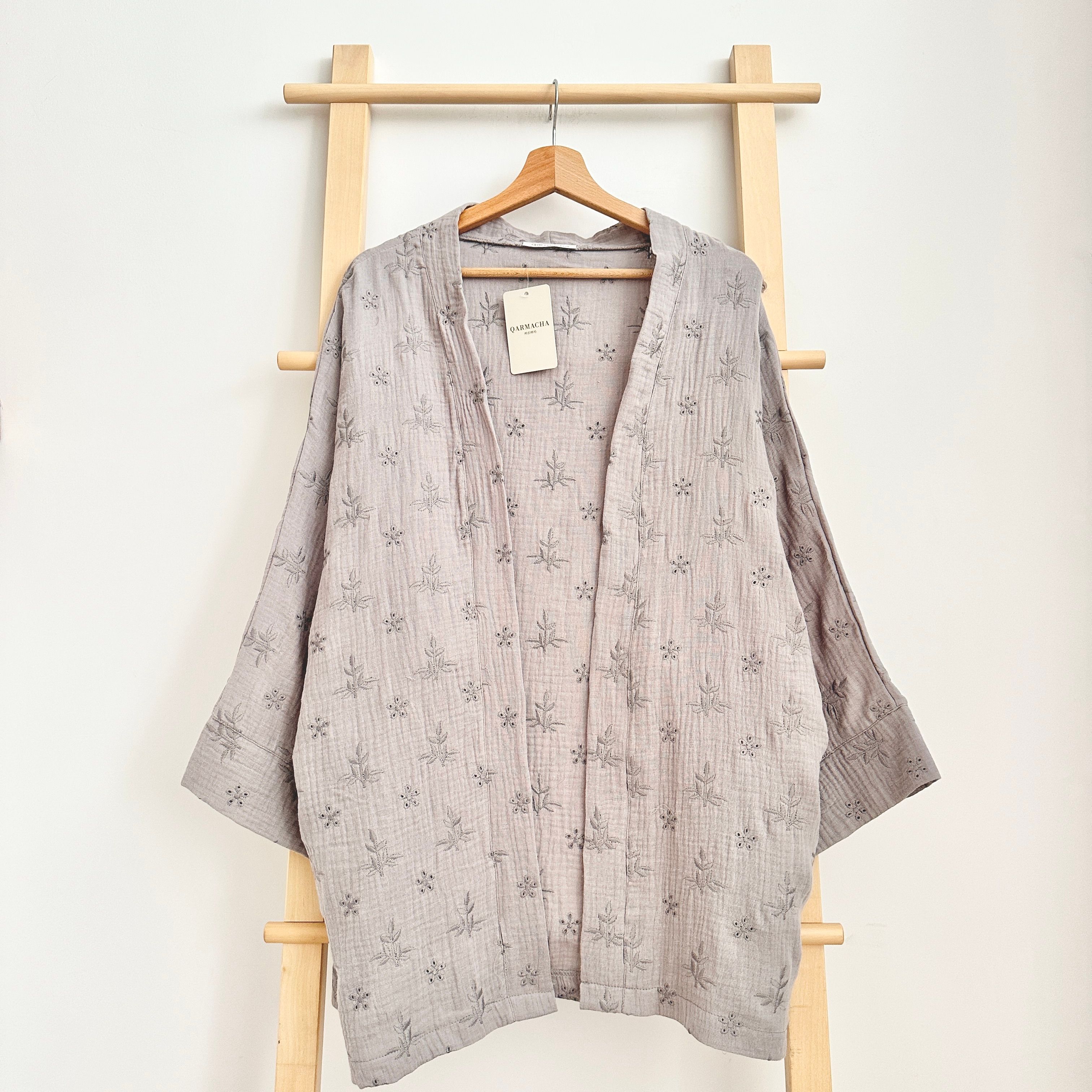 Fistolu Müslin Kimono - Açık Gri