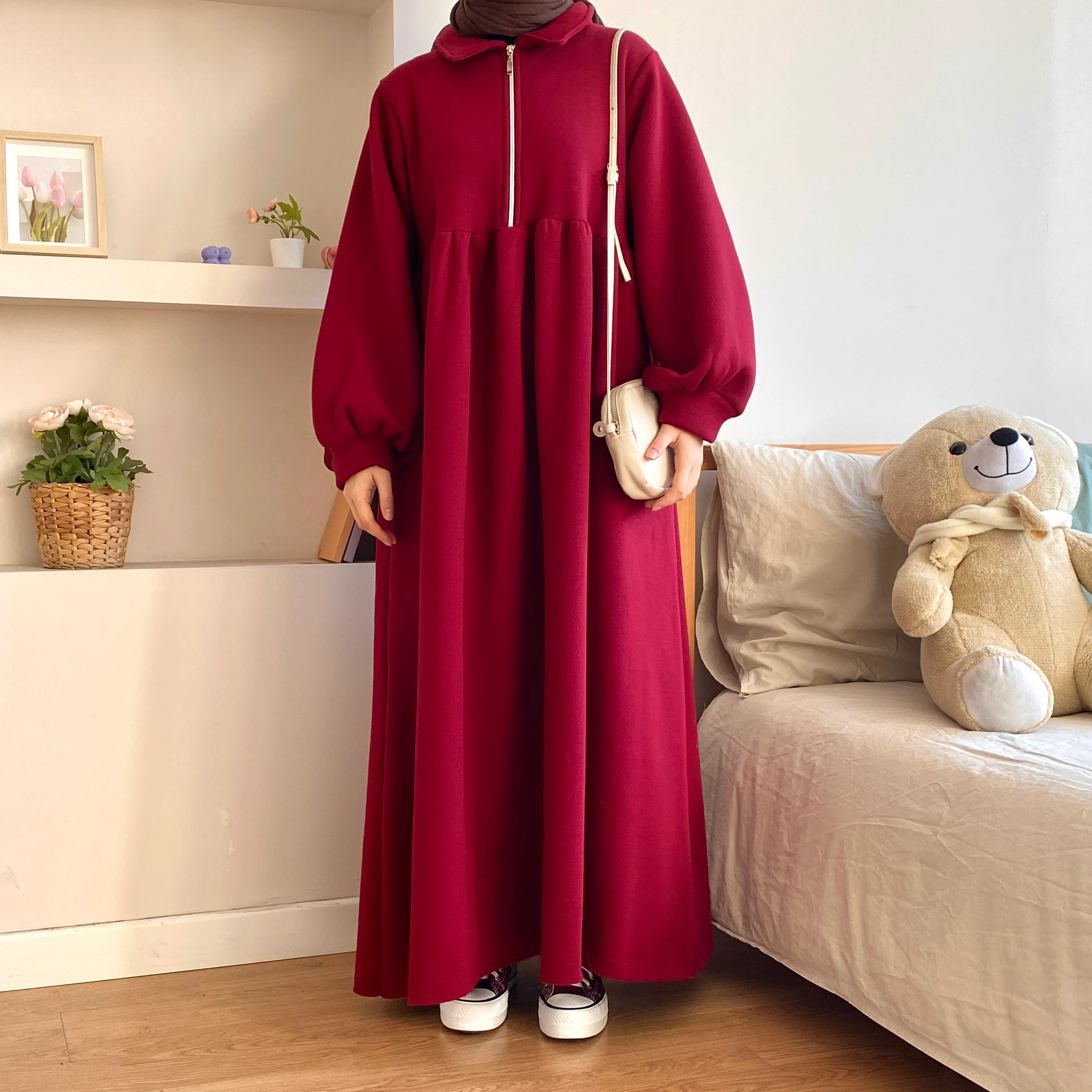 3 İplik Robalı Elbise - Bordo