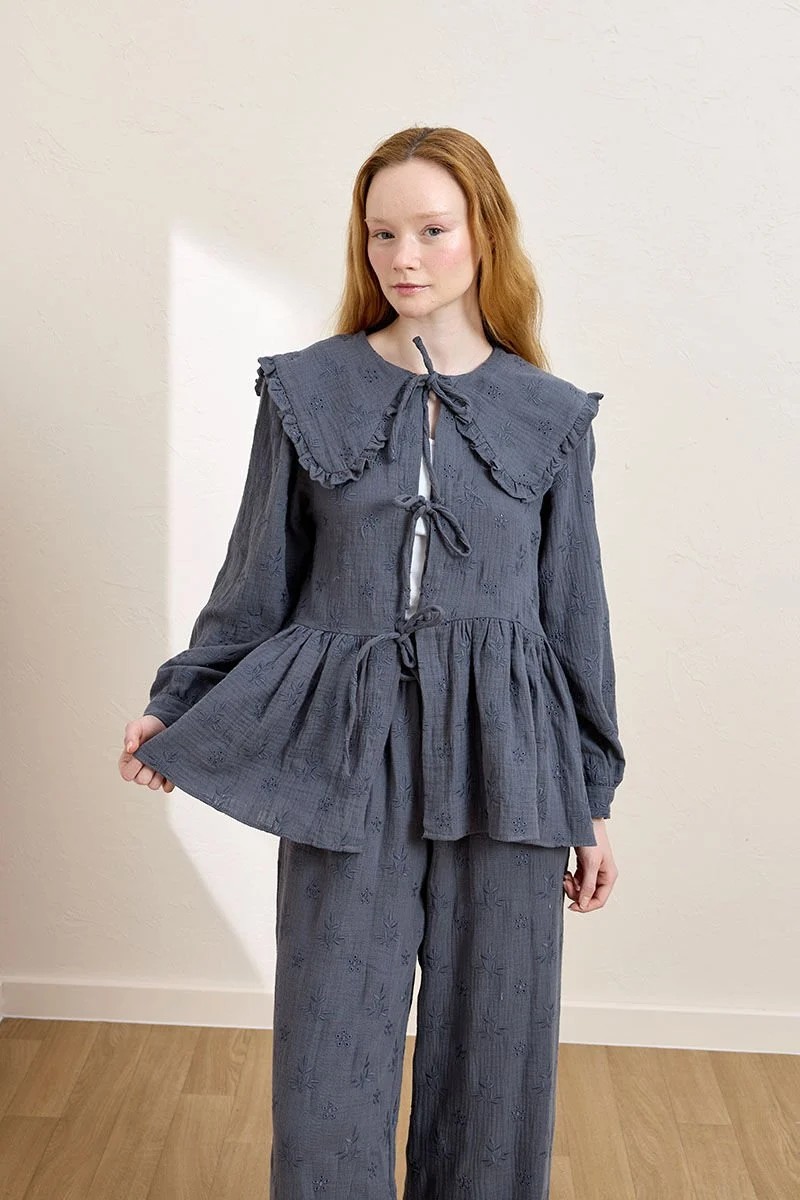  Fistolu Müslin Robalı Fiyonklu Tunik - Koyu indigo