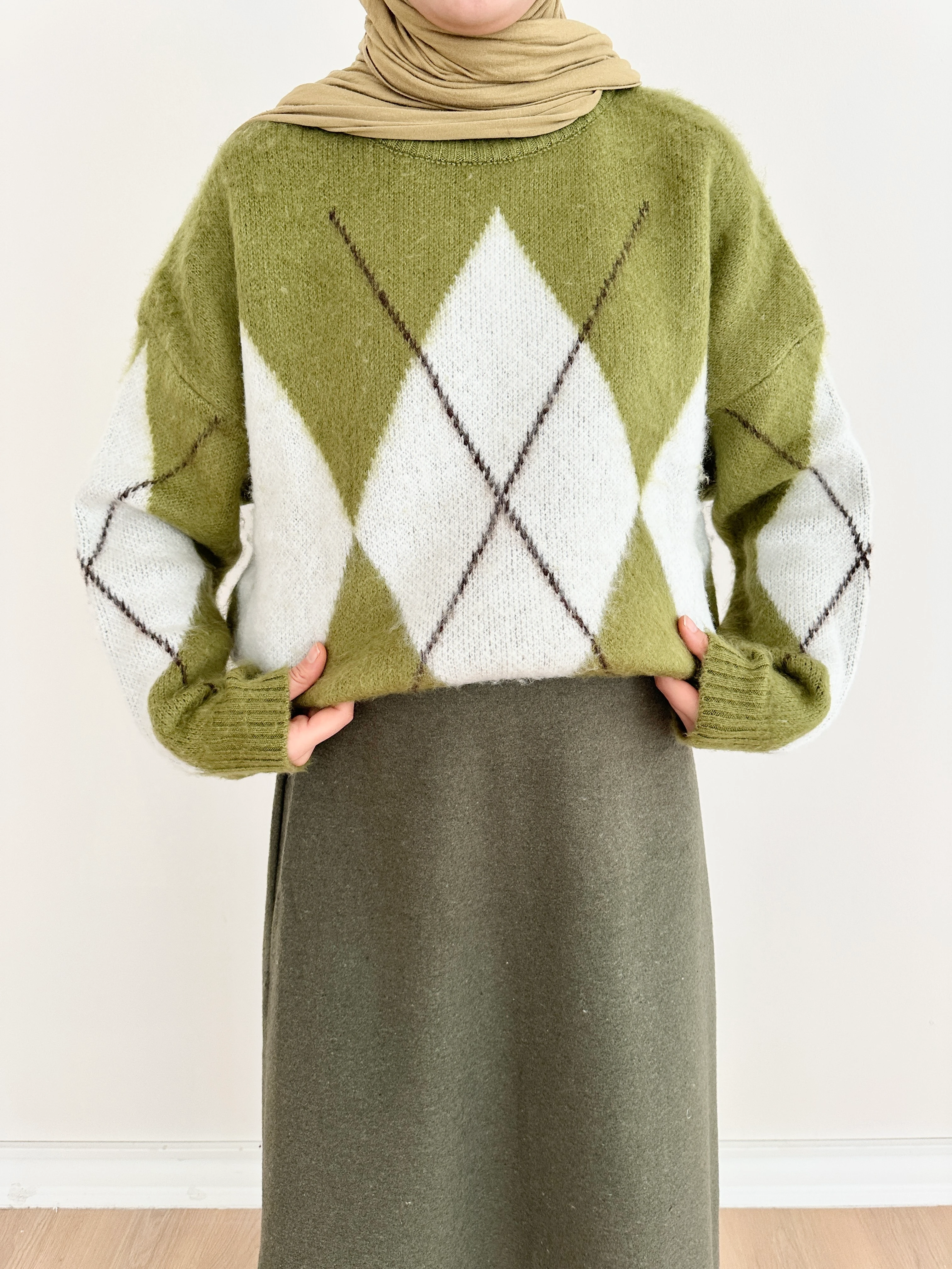 Baklava Desenli Yumoş Kazak - Yağ Yeşili