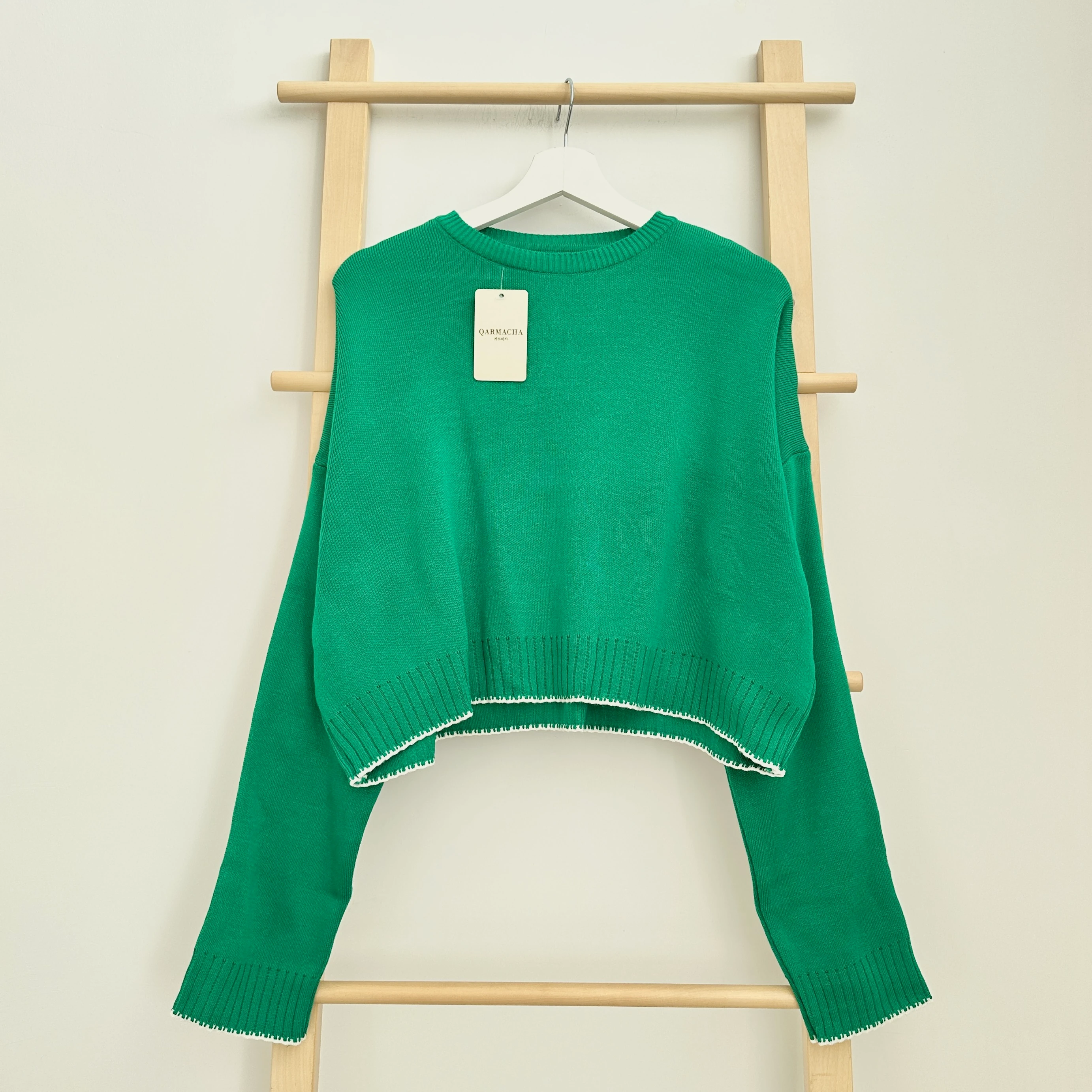 Minik Kol Detaylı Triko Crop - Yeşil