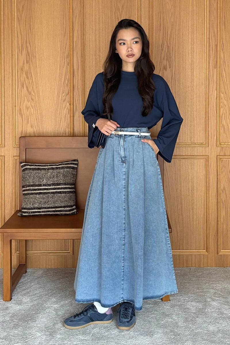 ÖNÜ DÜĞMELİ KOT ETEK - Buz Mavisi