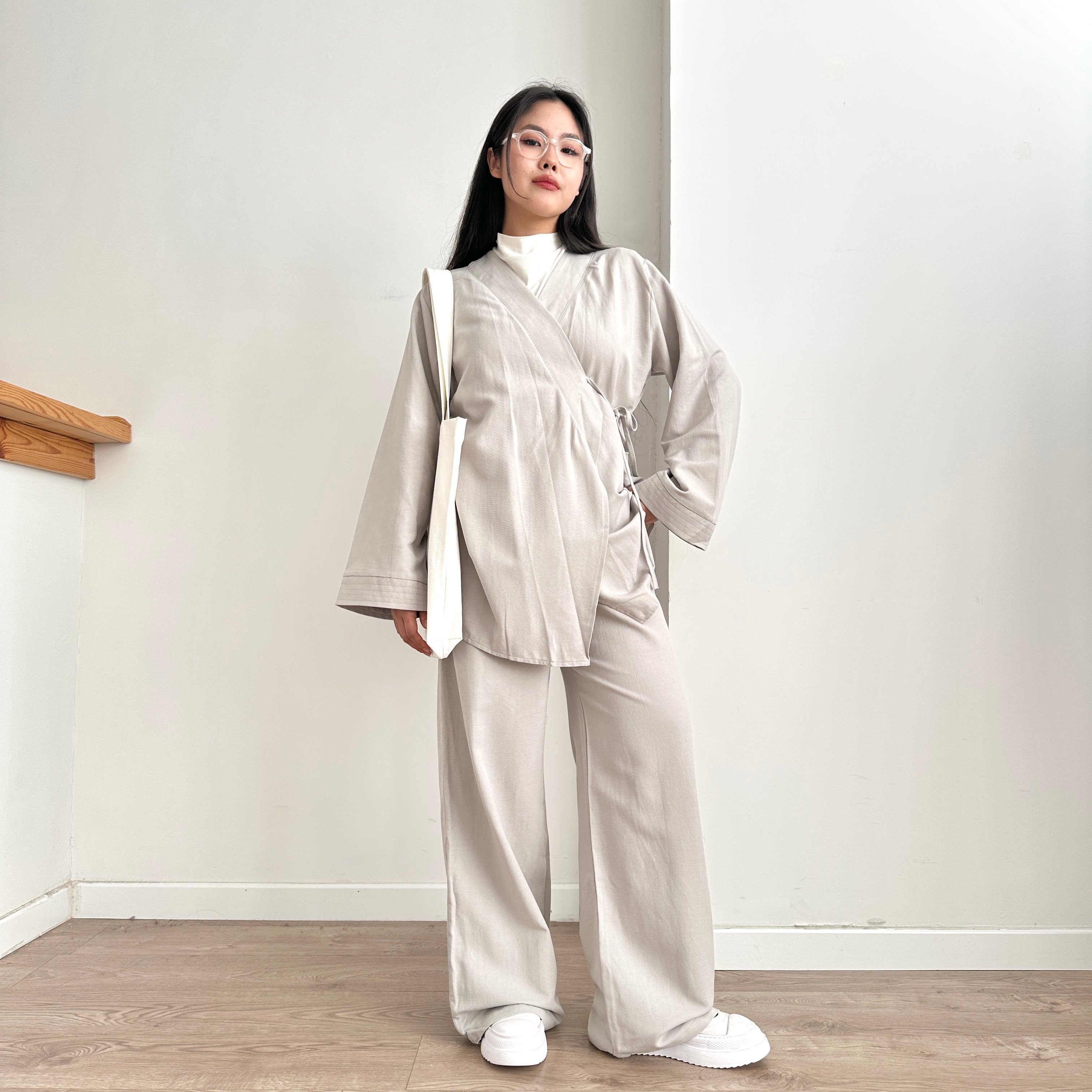Belden Bağlamalı Keten Kimono & Pantolon Takım - Küllü Gri