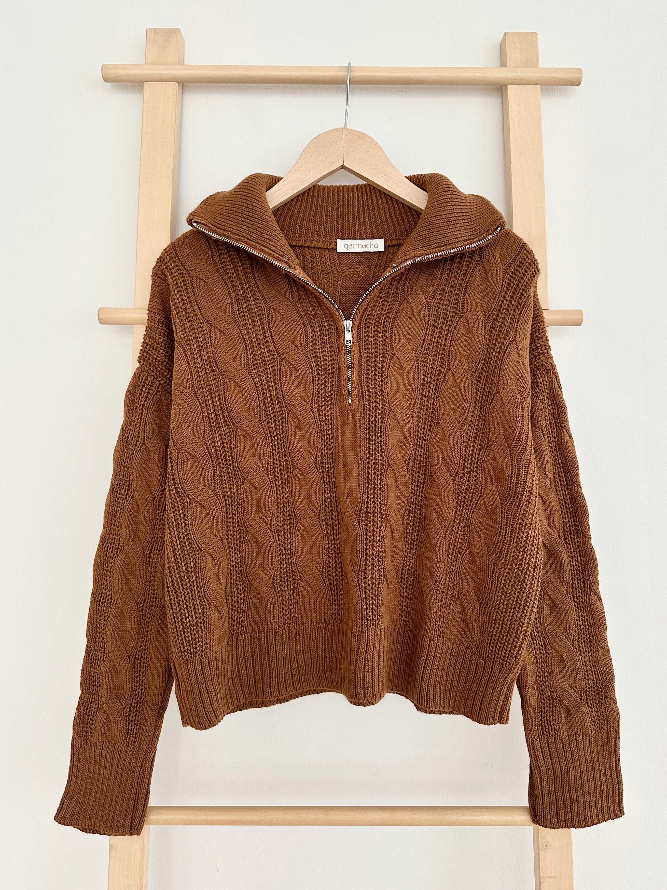 Sarmaşık Desen Fermuarlı Crop Kazak - Kahverengi