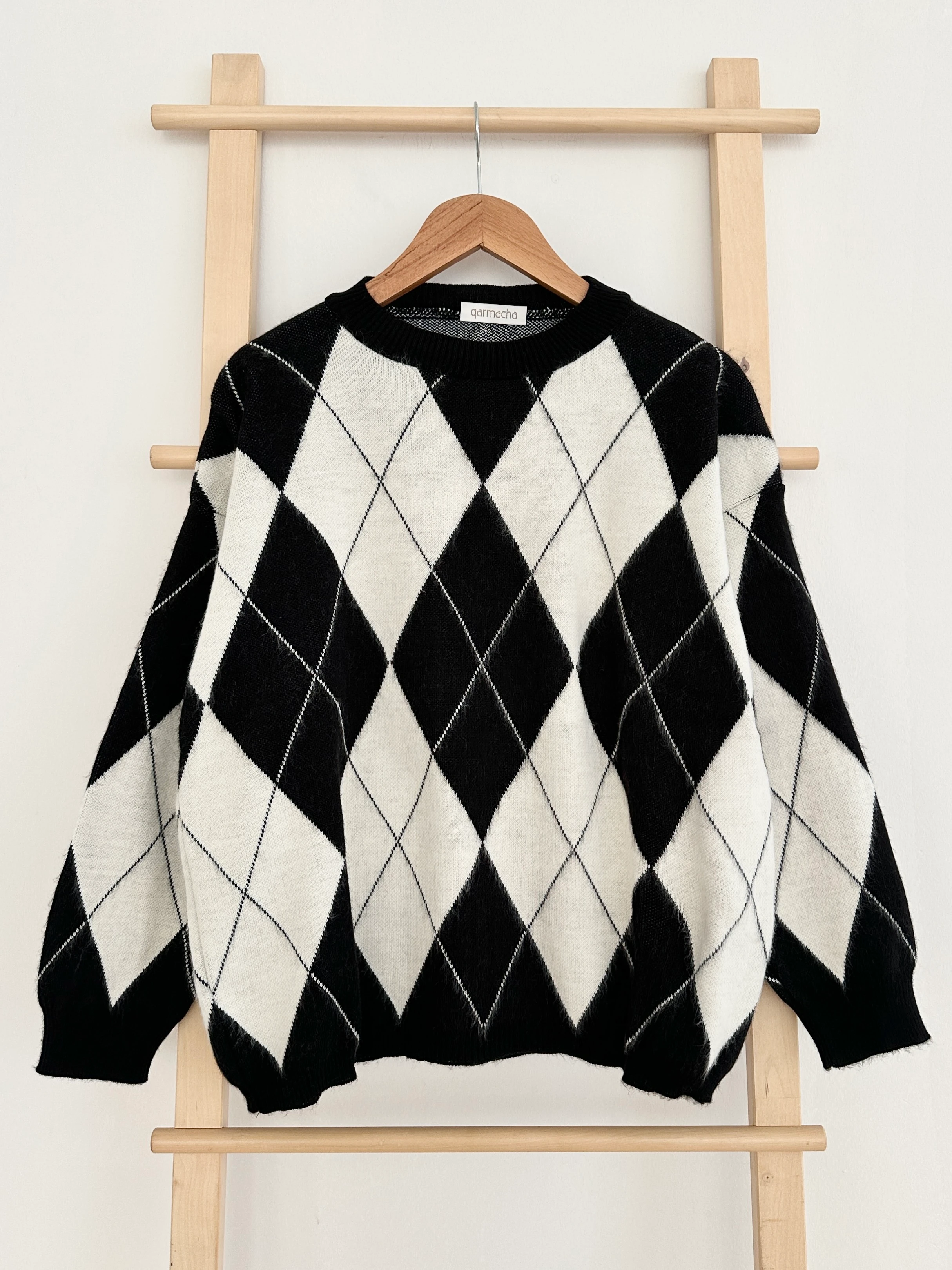 Bisiklet Yaka Baklava Desenli Kazak - Siyah