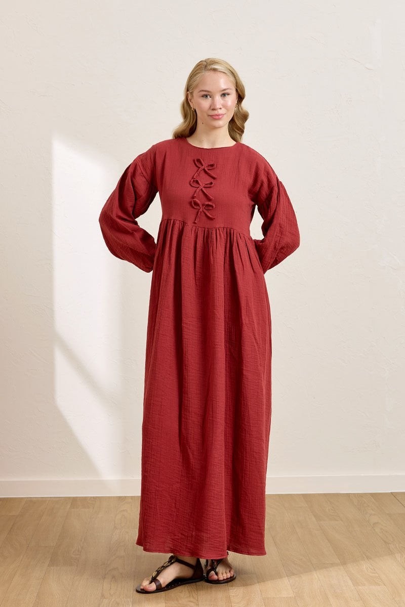 Müslin 3 Fiyonklu Robalı Elbise - Bordo