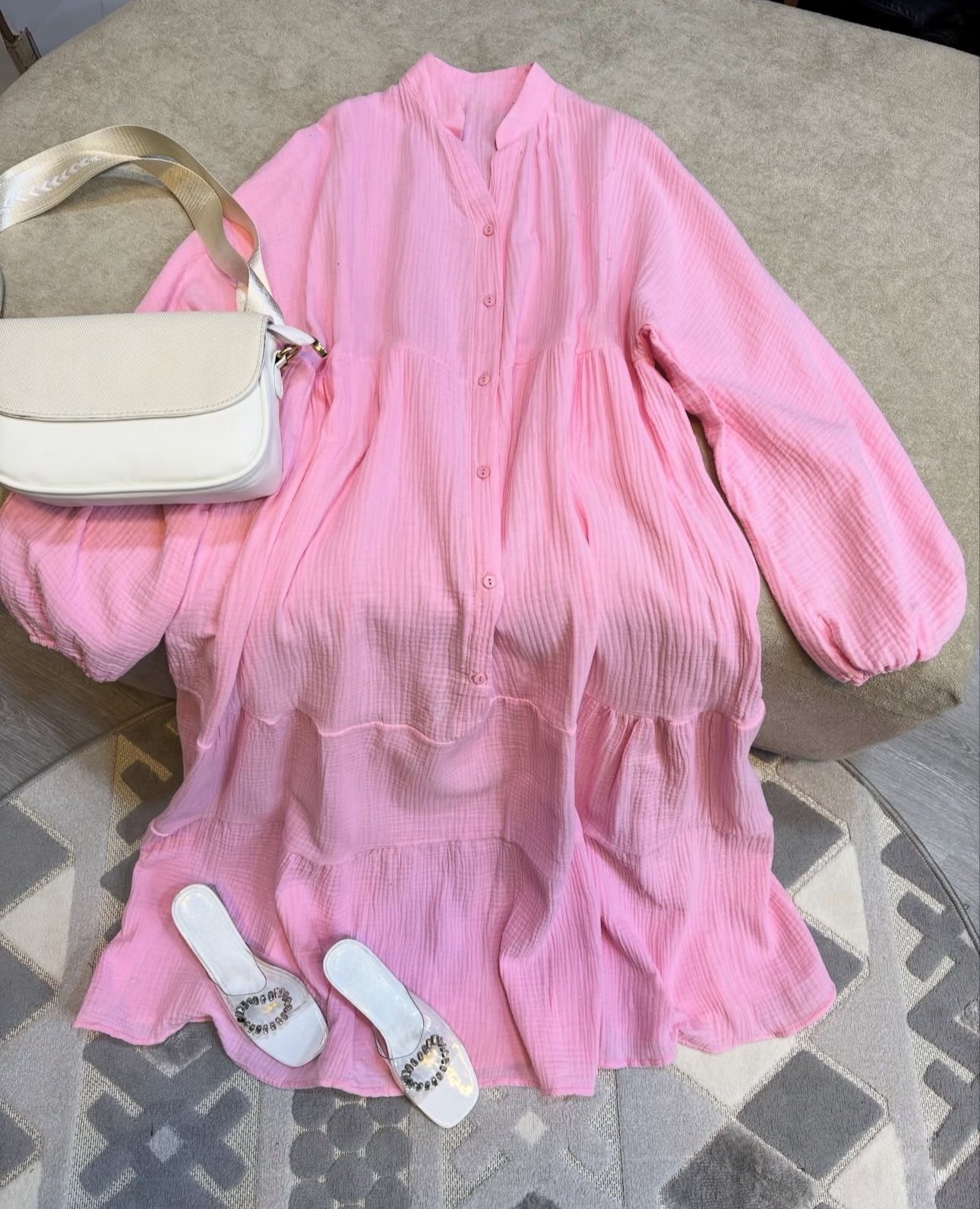 Katlı Düğmeli Müslin Elbise - Pembe