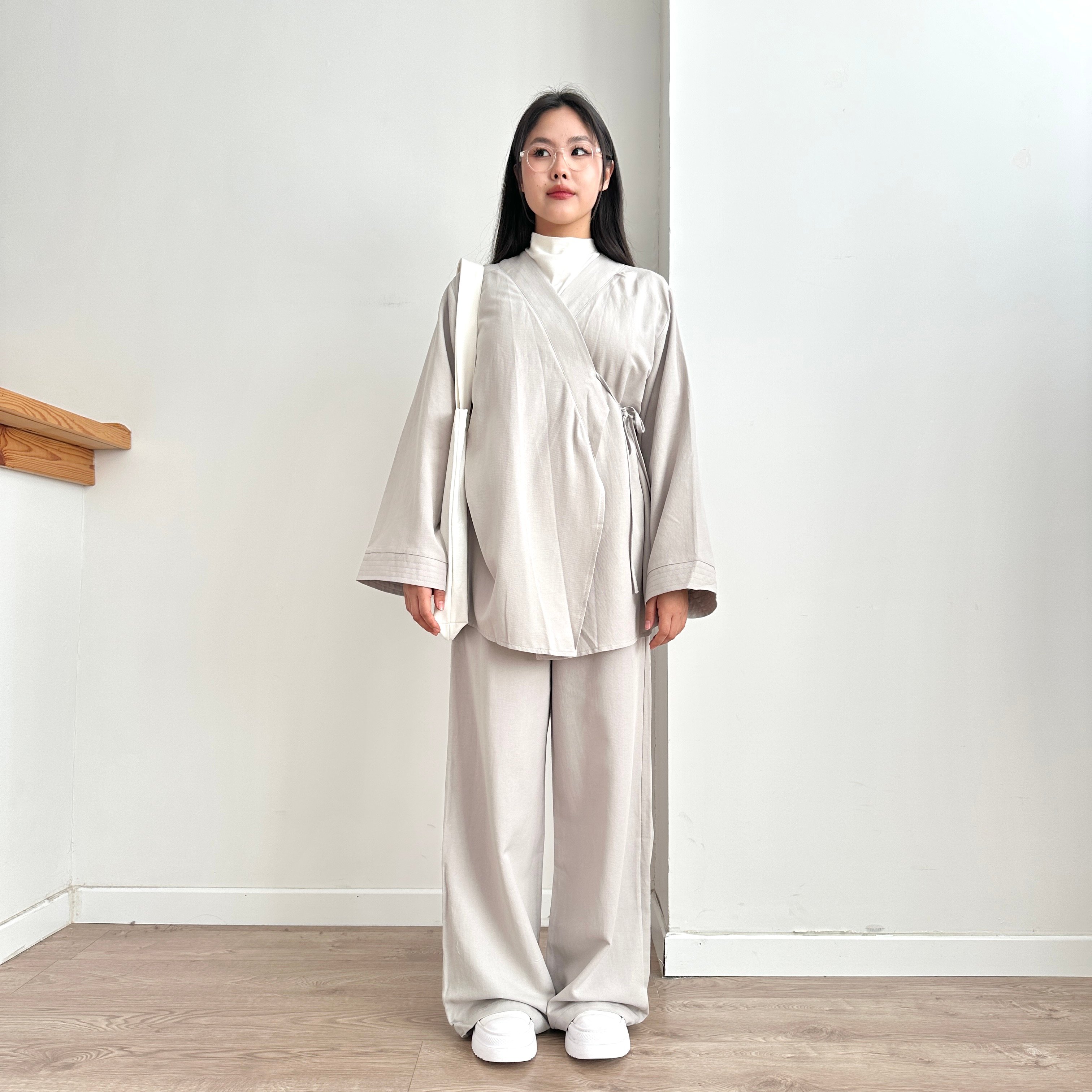 Belden Bağlamalı Keten Kimono & Pantolon Takım - Küllü Gri