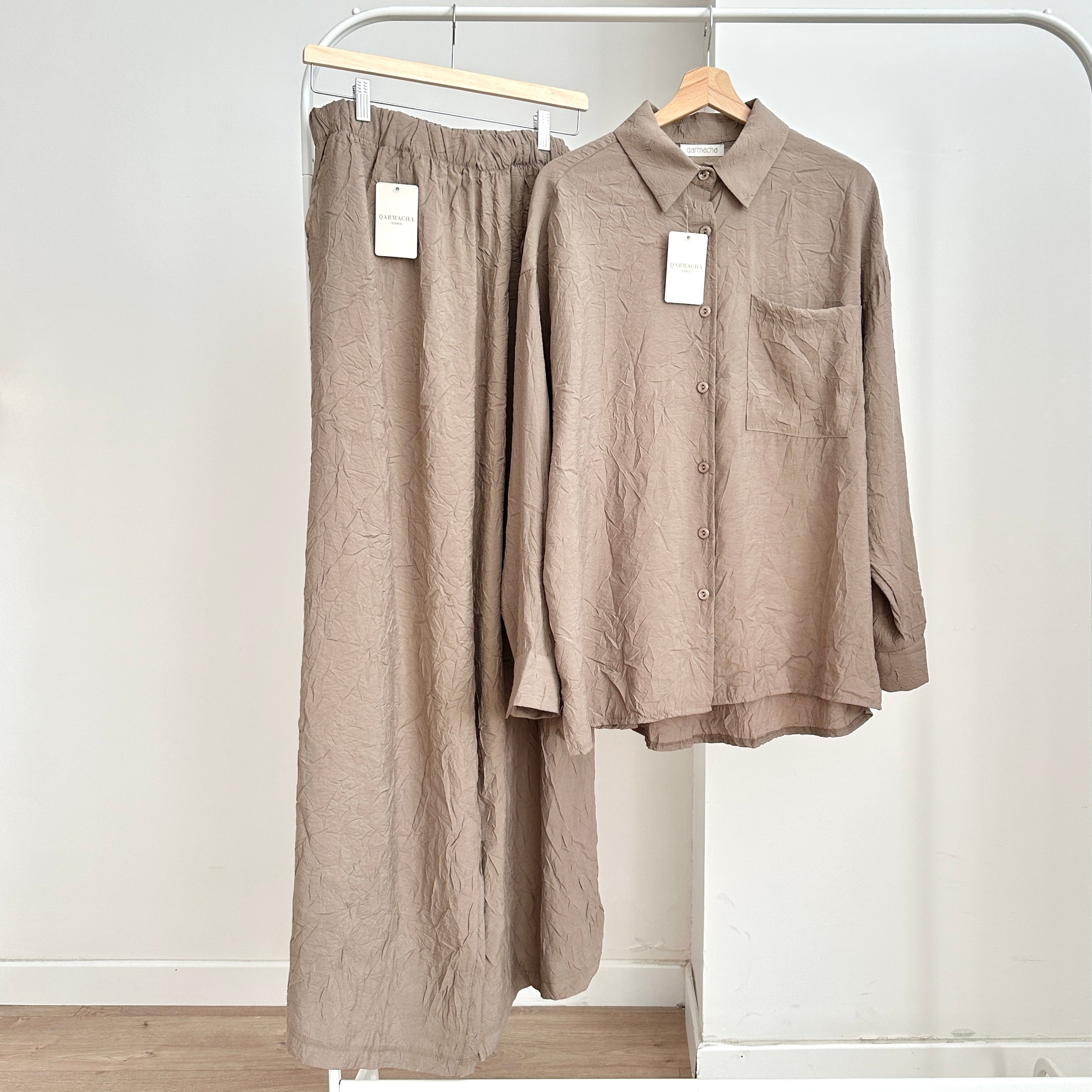 Kırışık Tunik Pantolon Takım - Vizon
