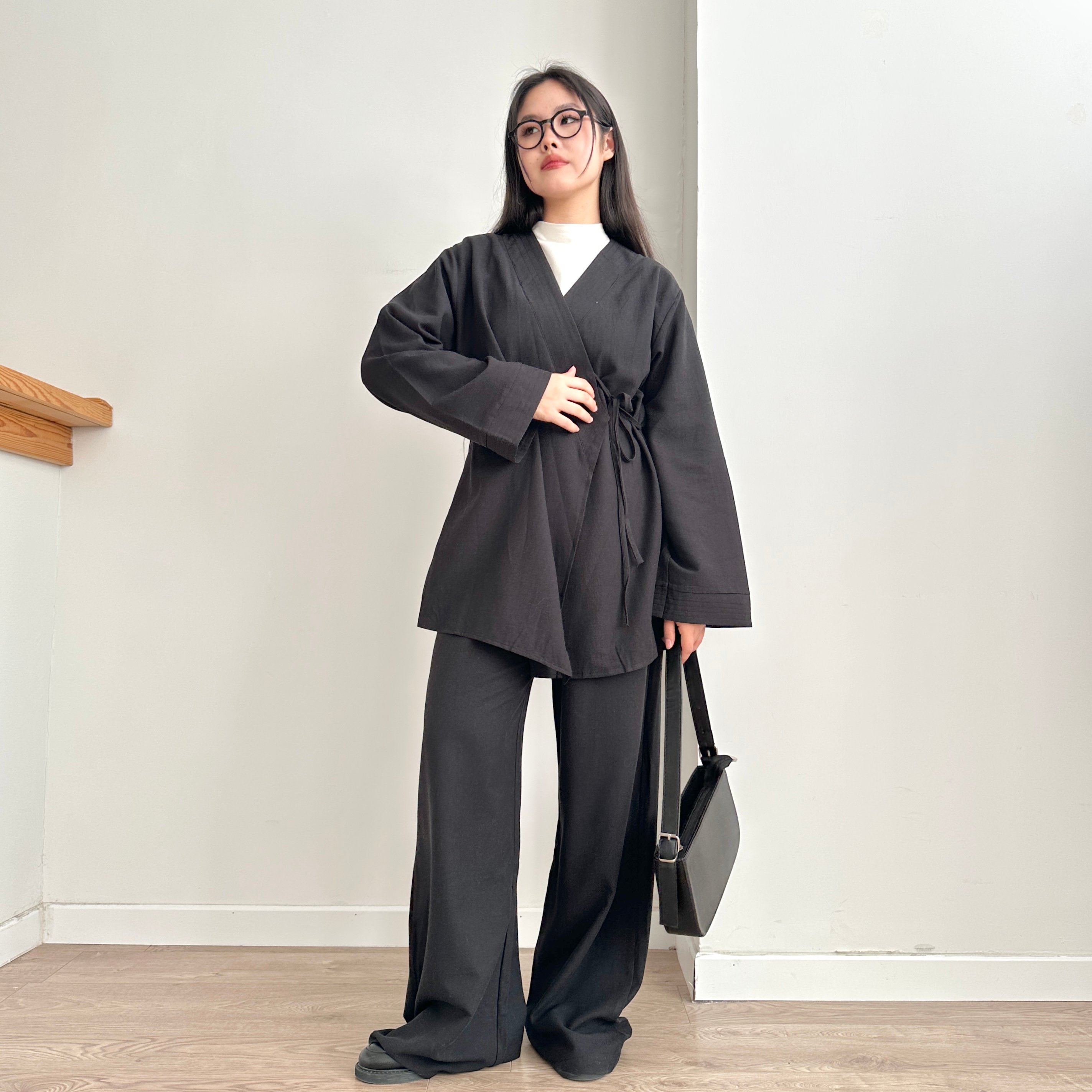 Belden Bağlamalı Keten Kimono & Pantolon Takım - Siyah