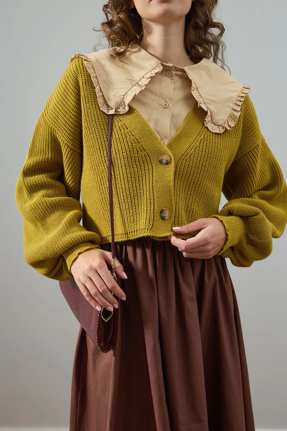 BALON KOL TRİKO CROP HIRKA - Yağ Yeşili