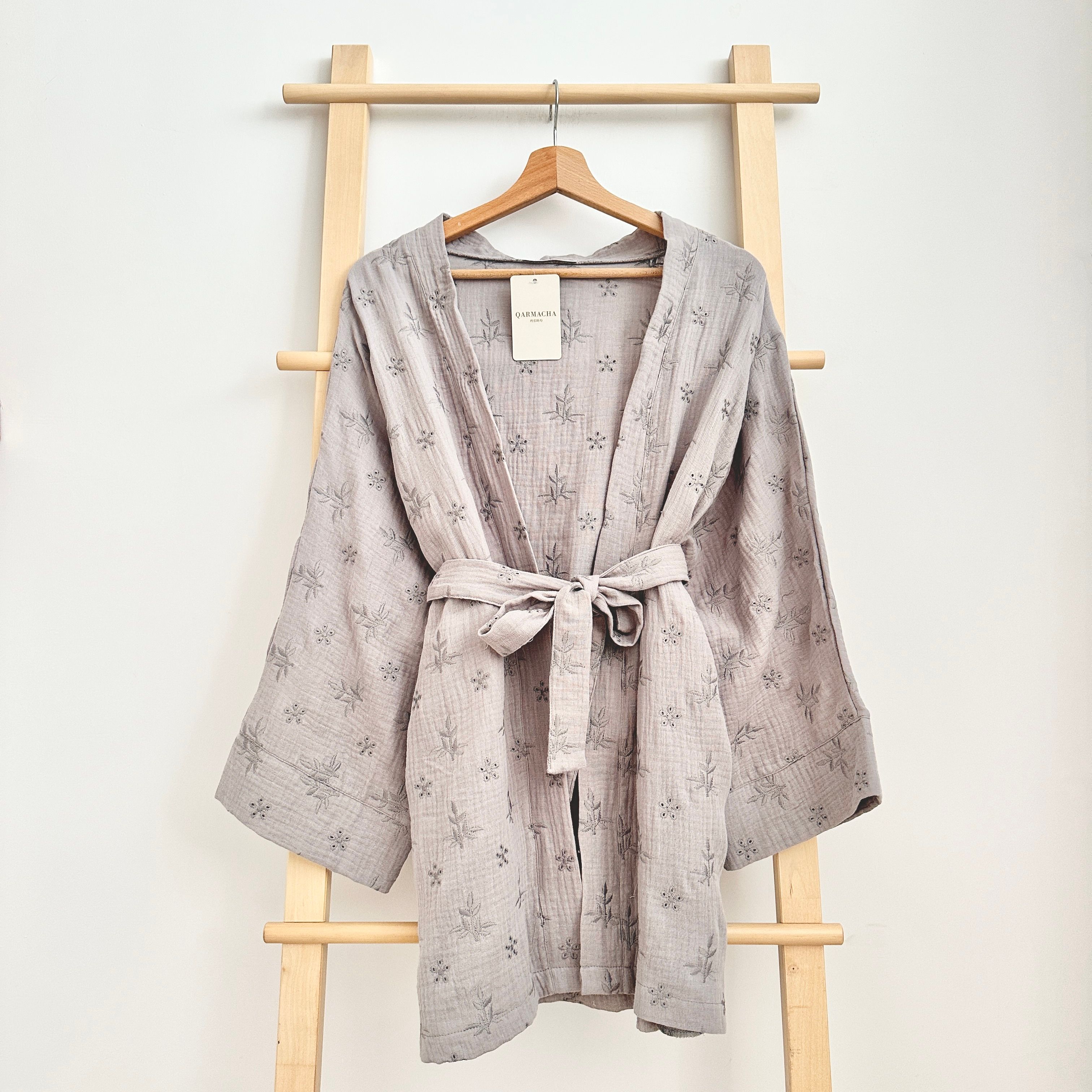 Fistolu Müslin Kimono - Açık Gri