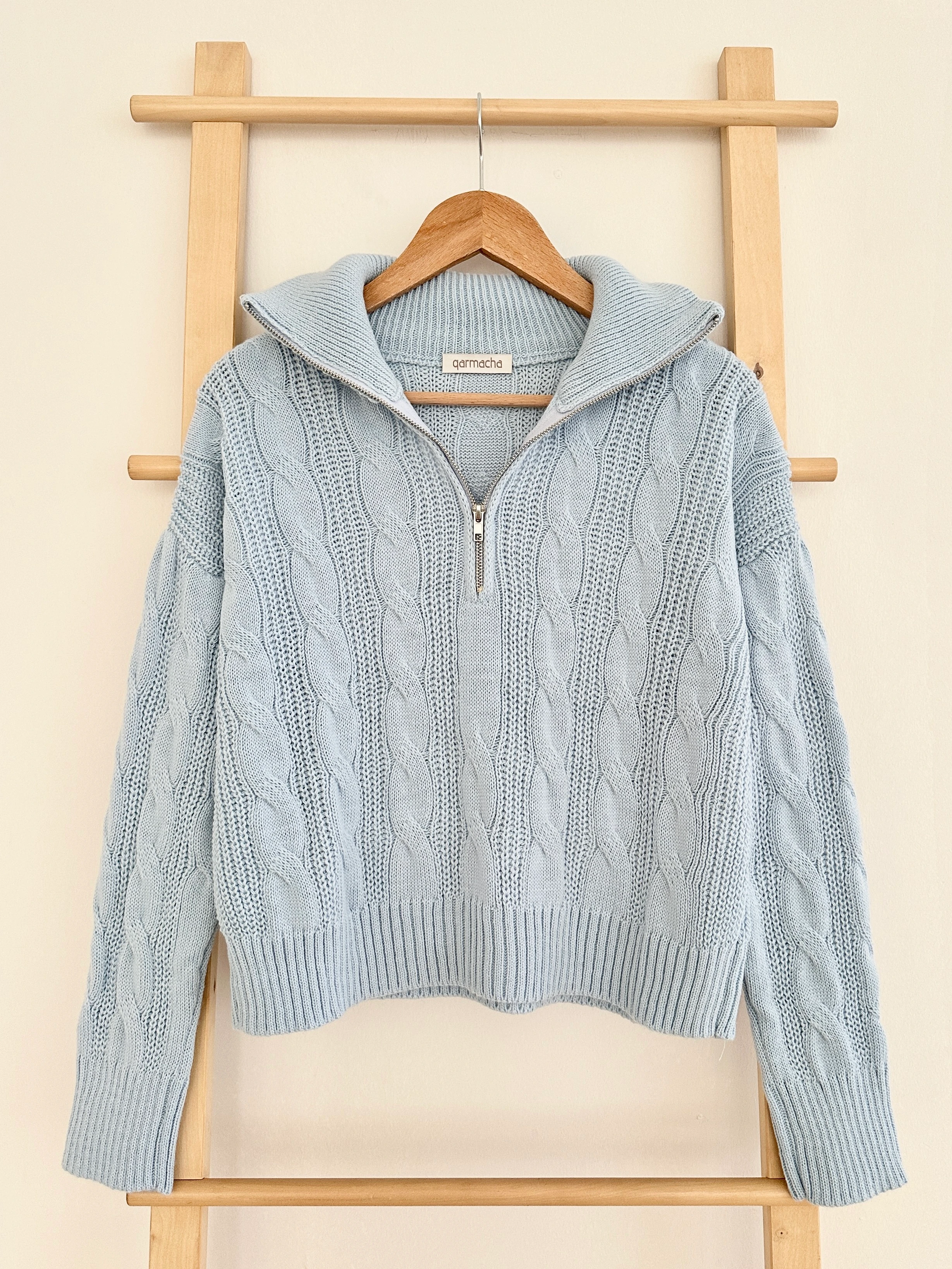 Sarmaşık Desen Fermuarlı Crop Kazak - Bebe Mavisi