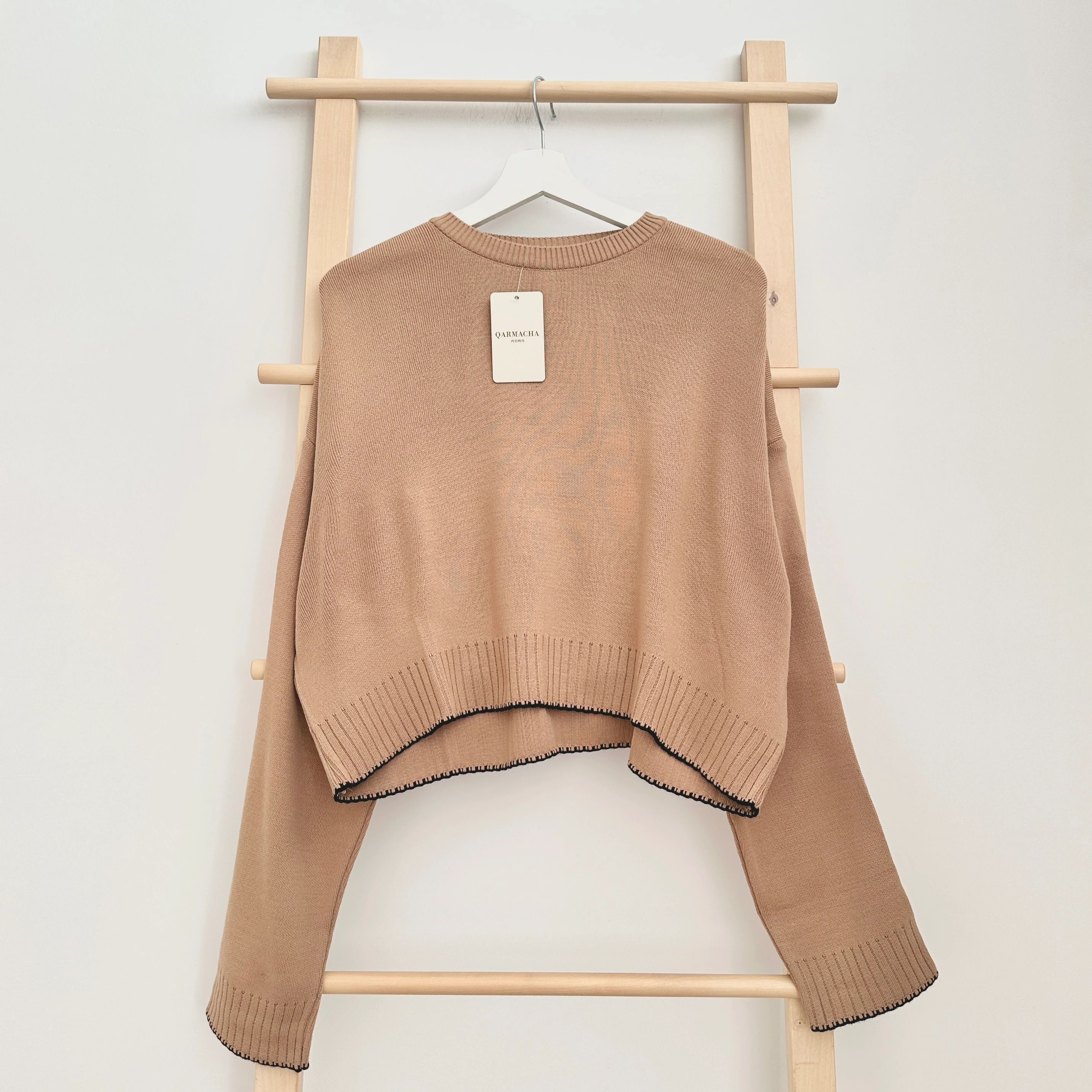 Minik Kol Detaylı Triko Crop - Camel