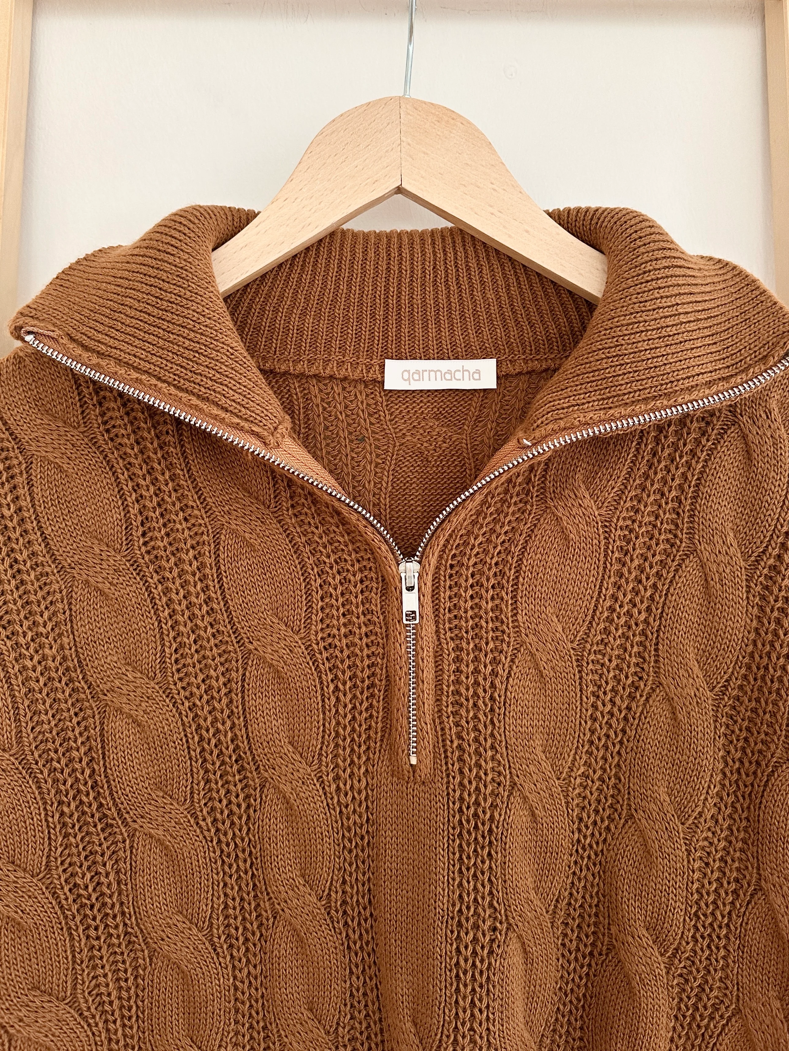 Sarmaşık Desen Fermuarlı Crop Kazak - Kahverengi