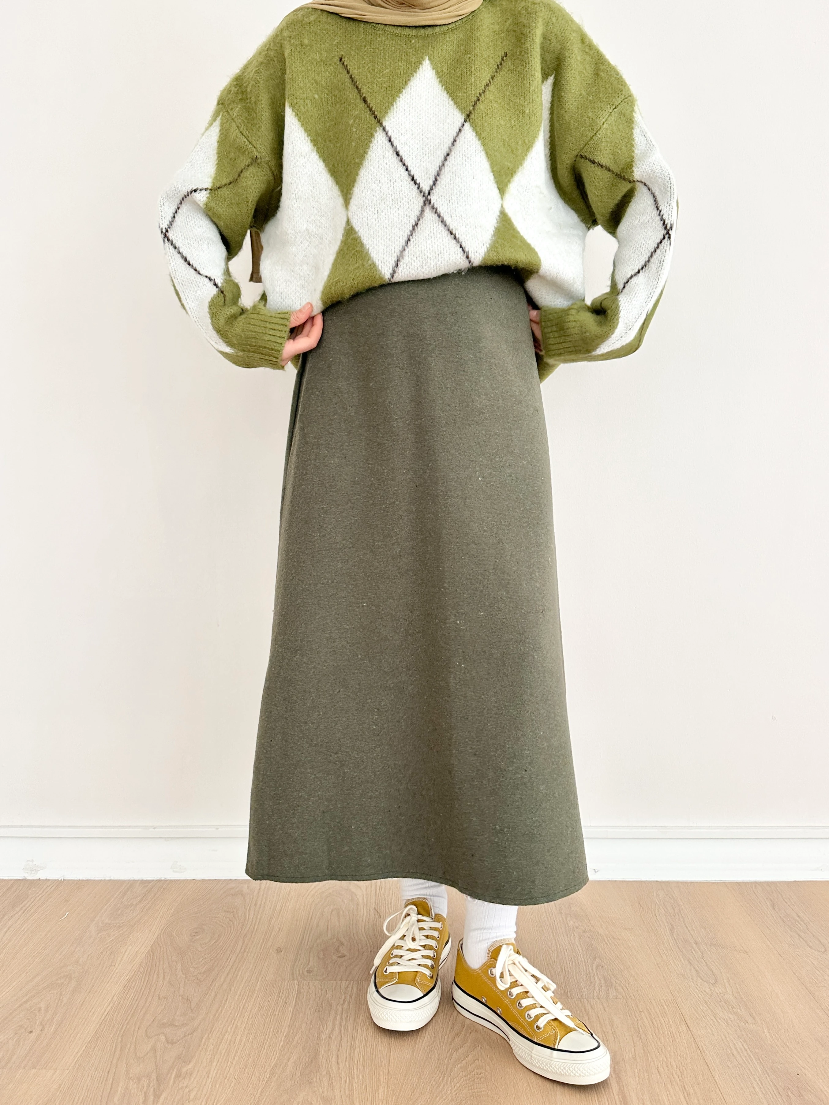 Kaşe Kalem Etek - Haki Yeşili