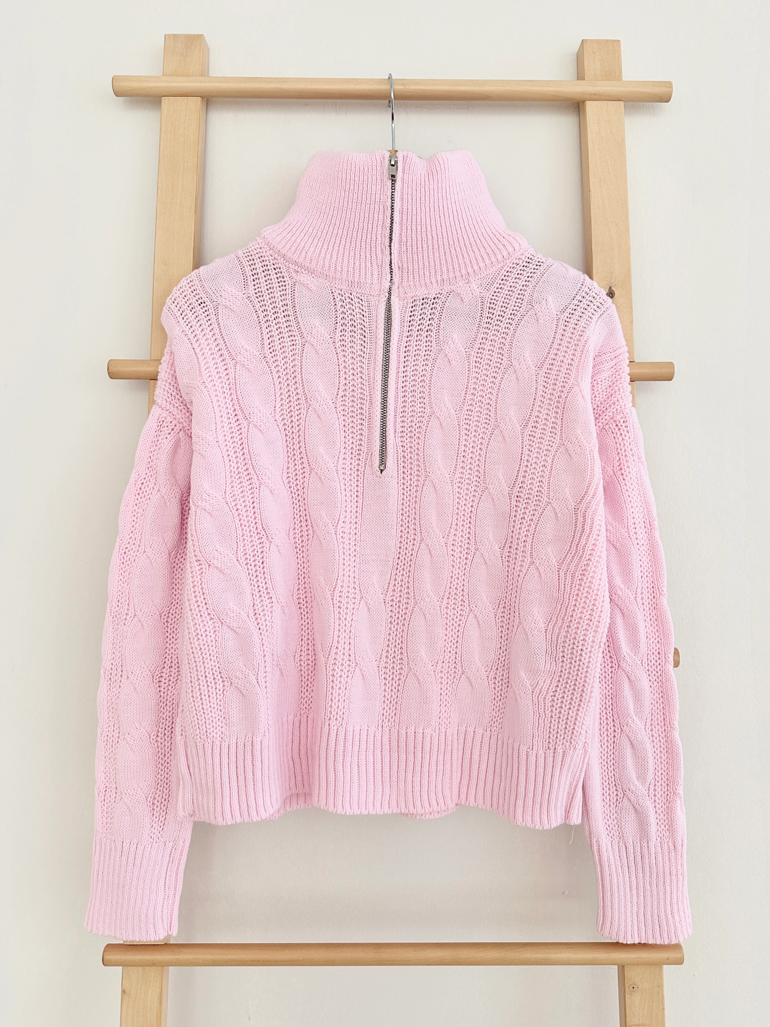 Sarmaşık Desen Fermuarlı Crop Kazak - Pembe