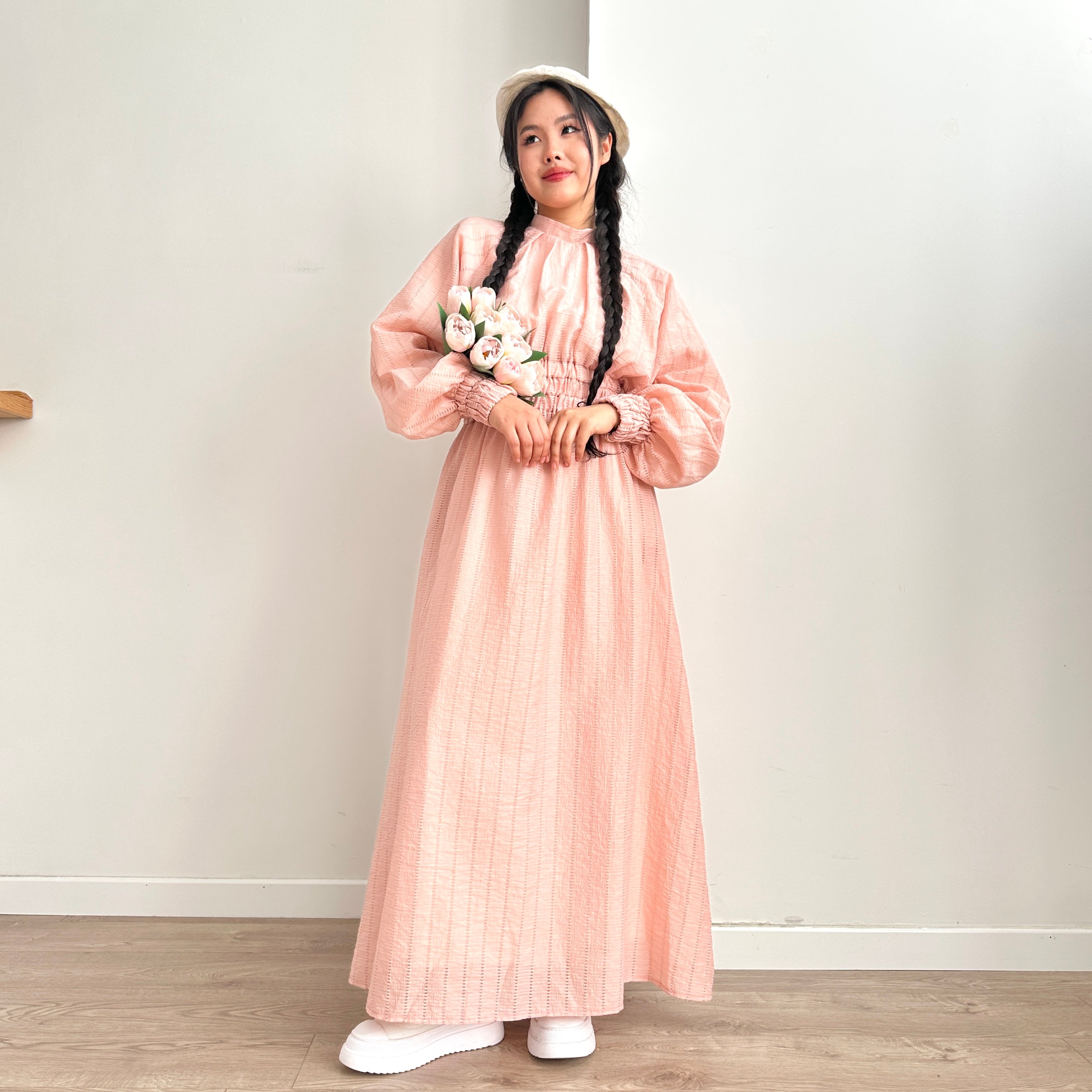 Belden Büzgülü Elbise - Toz Pembe