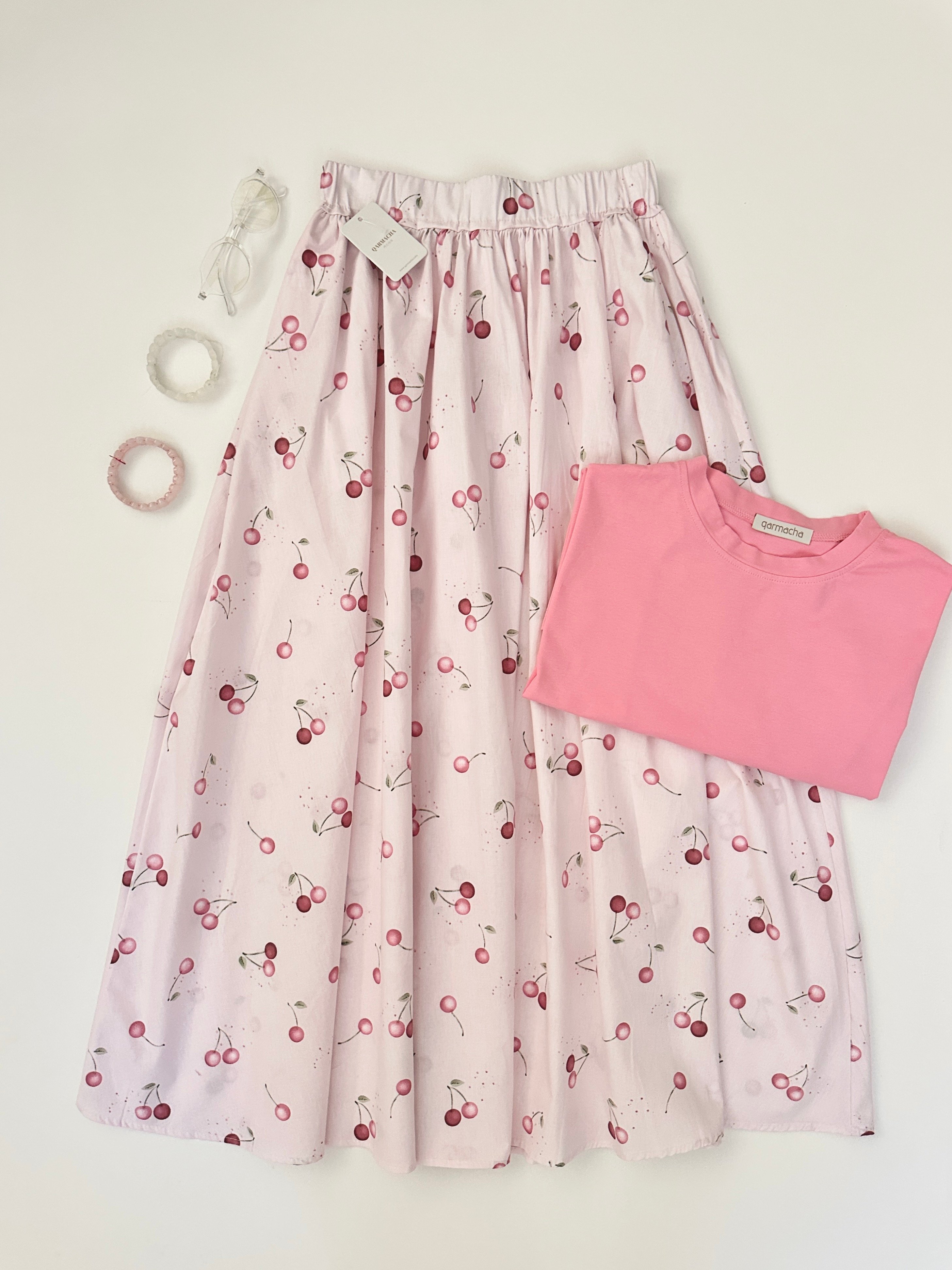 Penye Body & Kiraz Desenli Kloş Etek Takım - Üst Pembe & Alt Toz Pembe