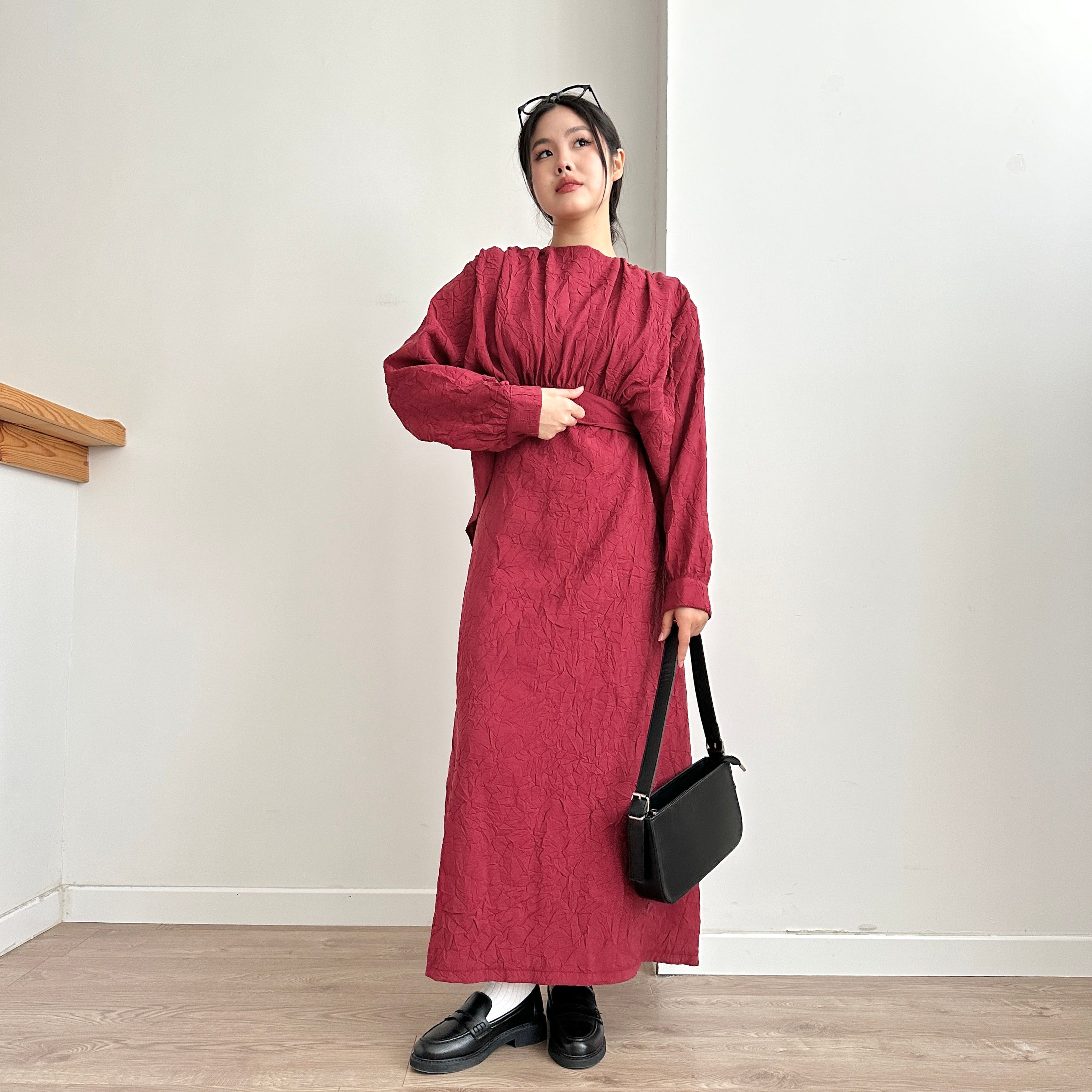 Kırışık Bağlamalı Crop & Elbise Takım - Bordo