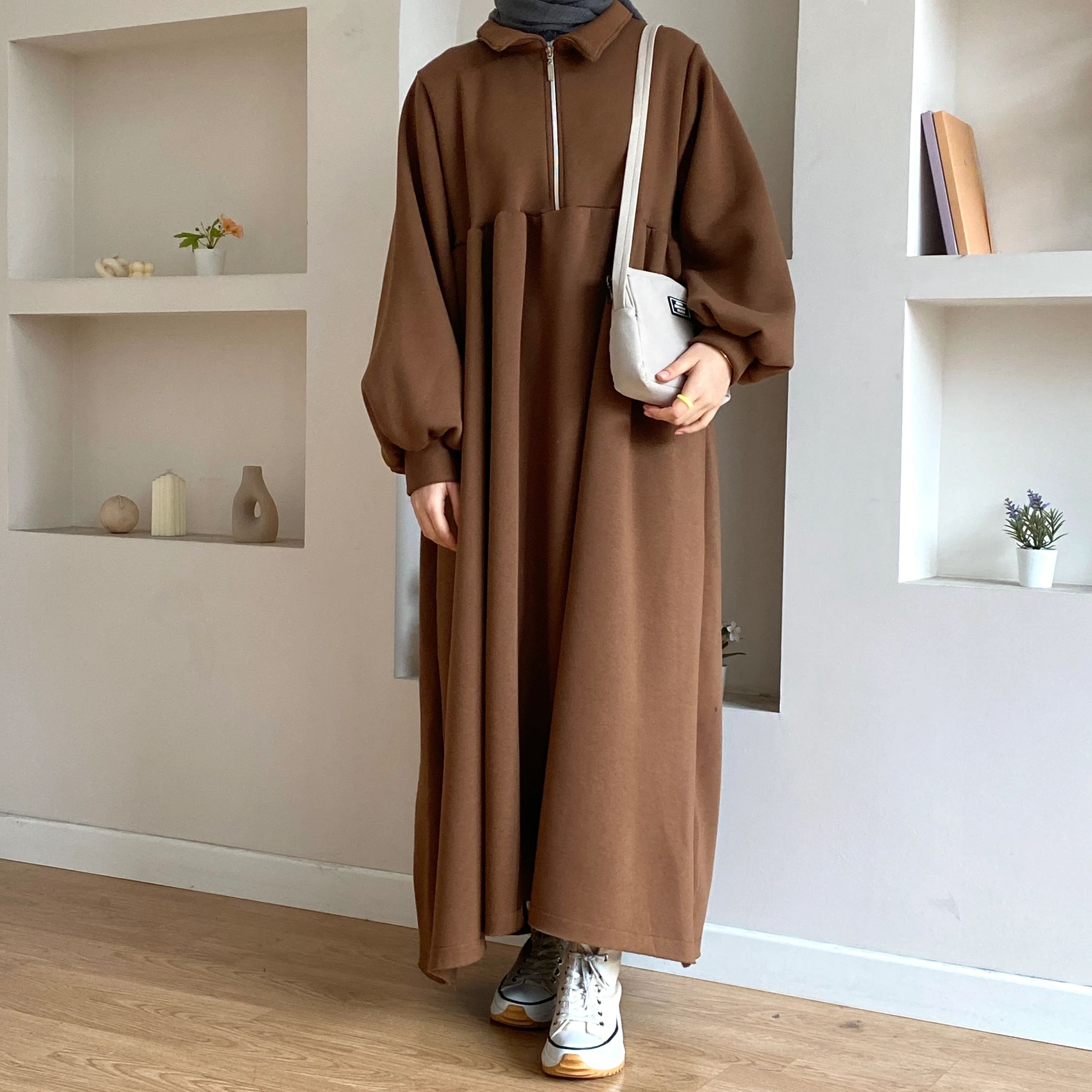 3 İplik Robalı Elbise - Çikolata Kahve