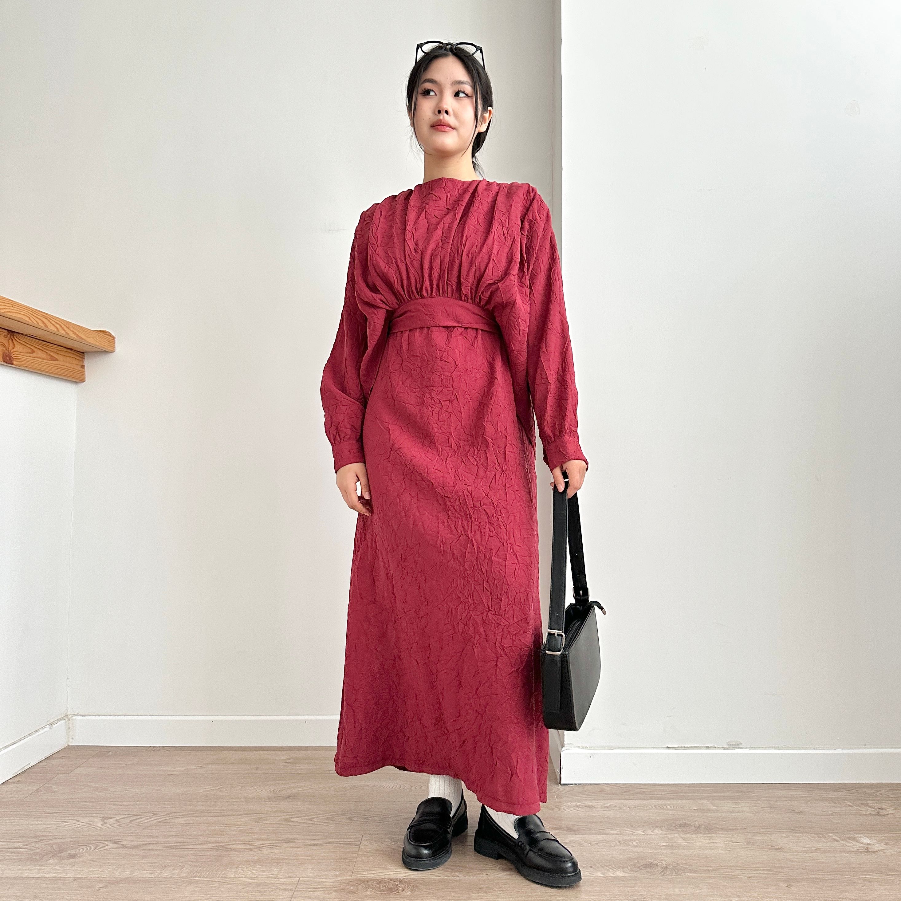 Kırışık Bağlamalı Crop & Elbise Takım - Bordo