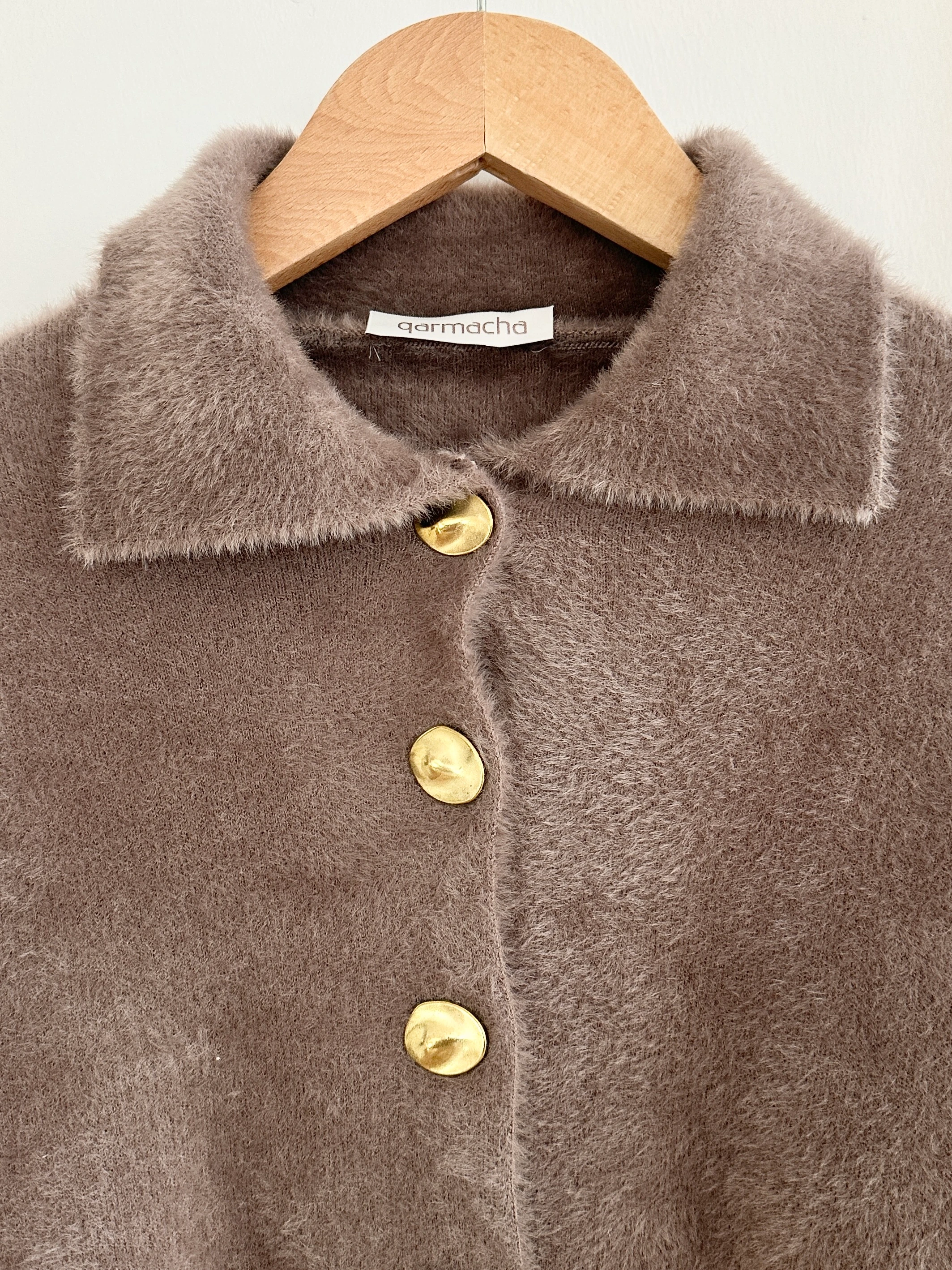 Polo Yaka Peluş Hırka - Vizon