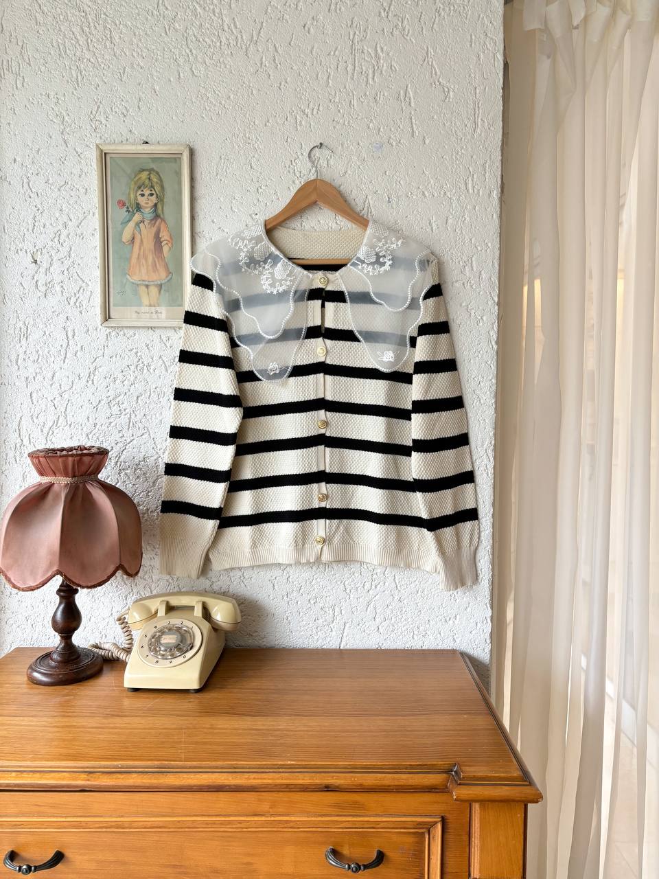 Çizgili Dantel Yaka Hırka