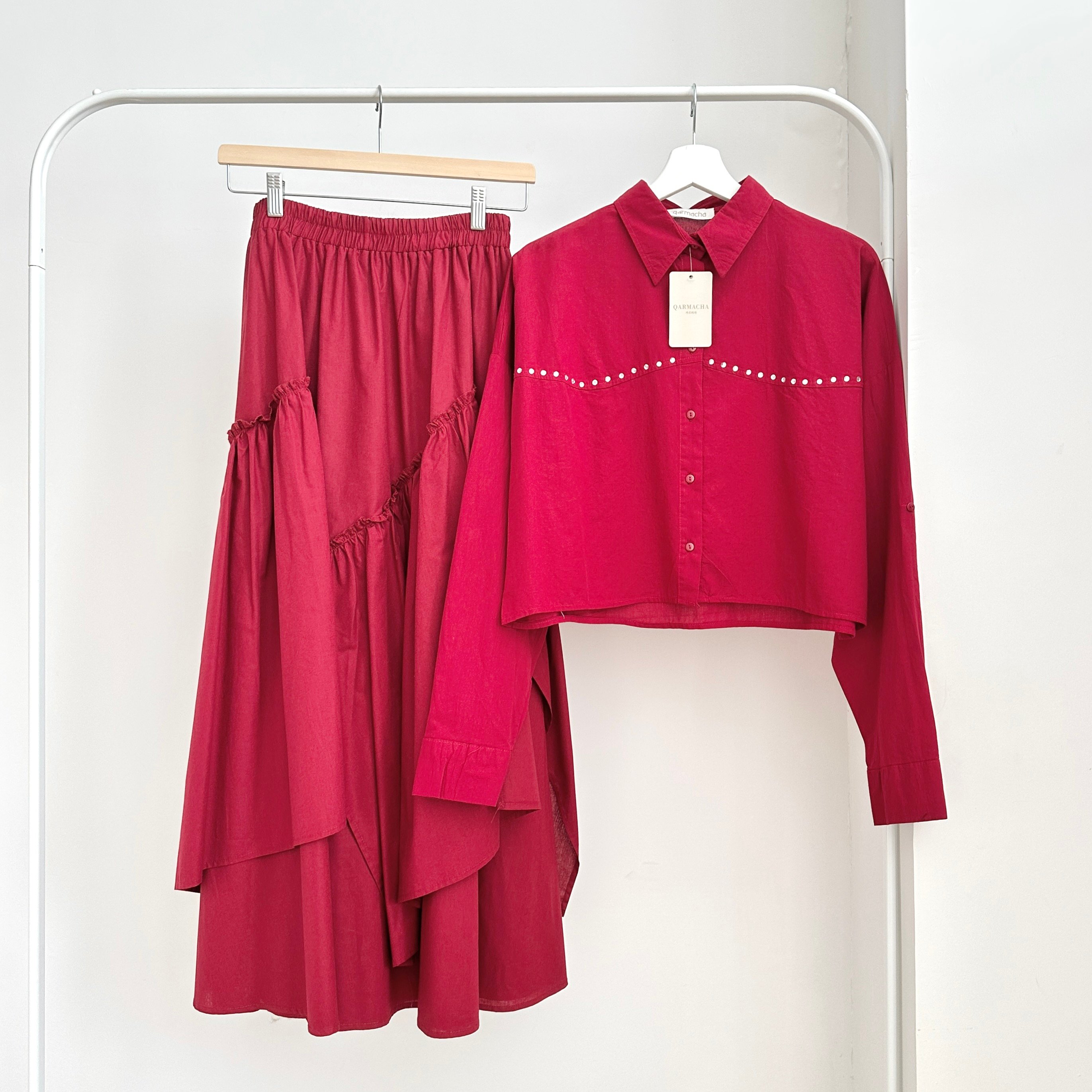 Üst Bordo & Alt Bordo Büzgülü Parçalı Bohem Etek
