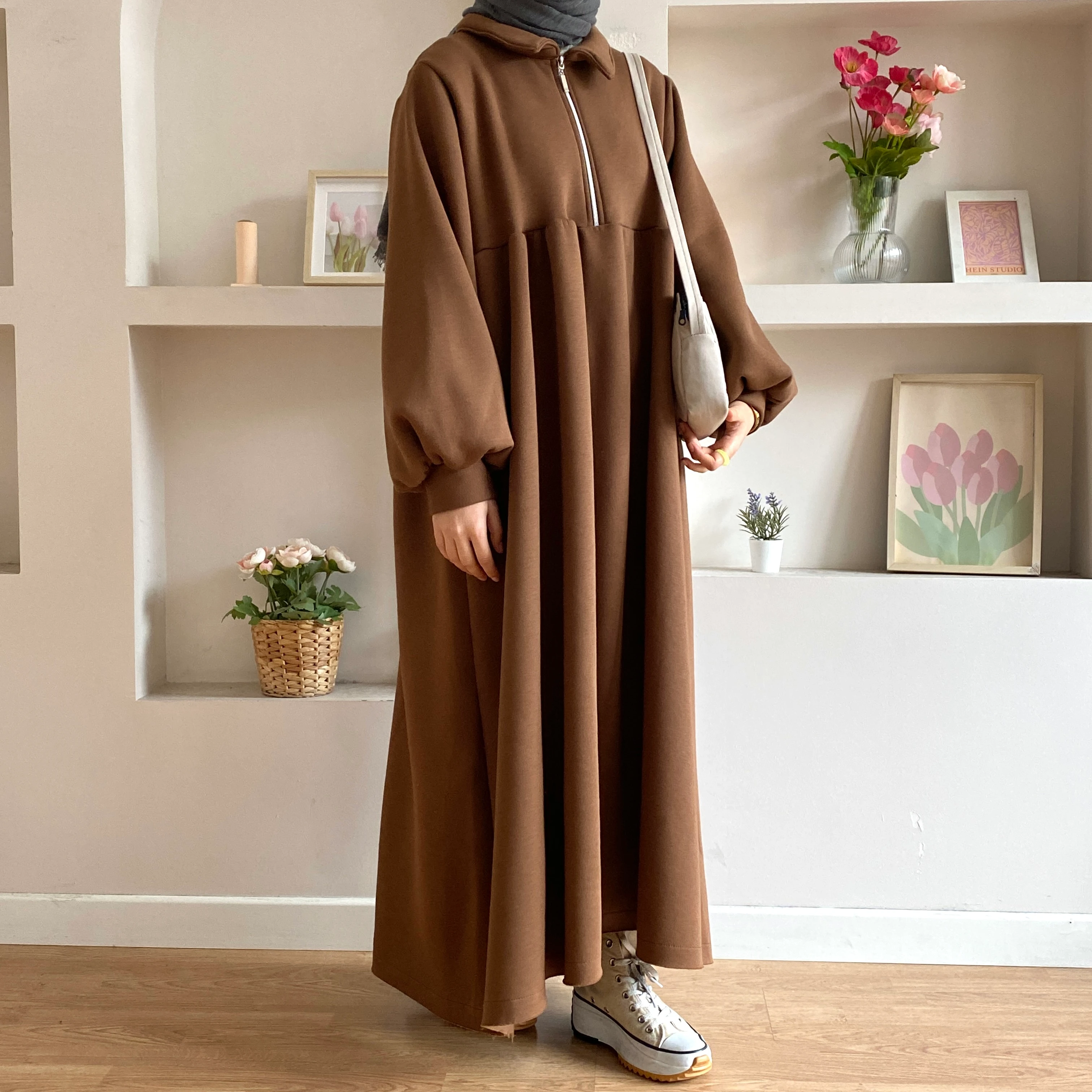 3 İplik Robalı Elbise - Çikolata Kahve