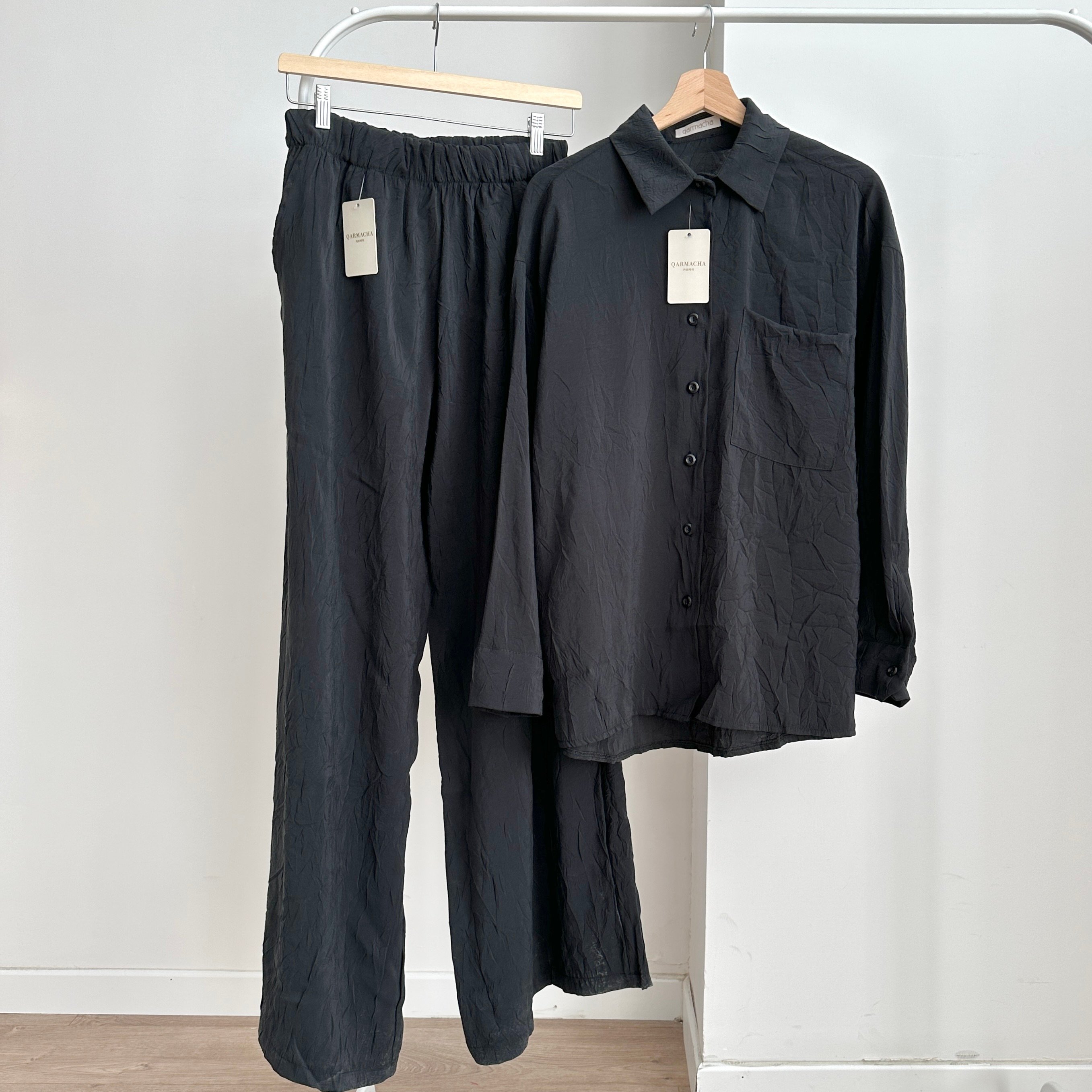 Kırışık Tunik Pantolon Takım - Siyah