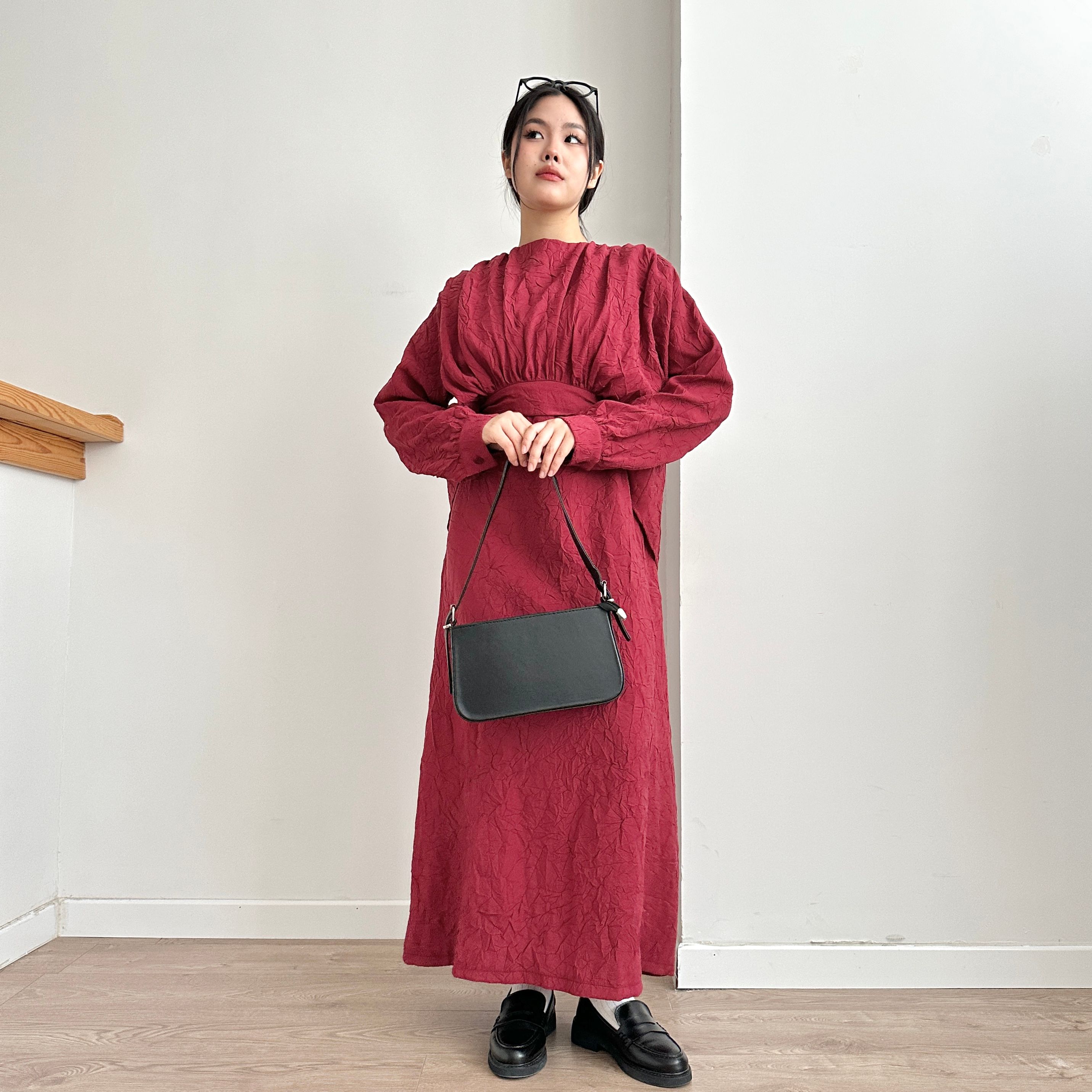 Kırışık Bağlamalı Crop & Elbise Takım - Bordo