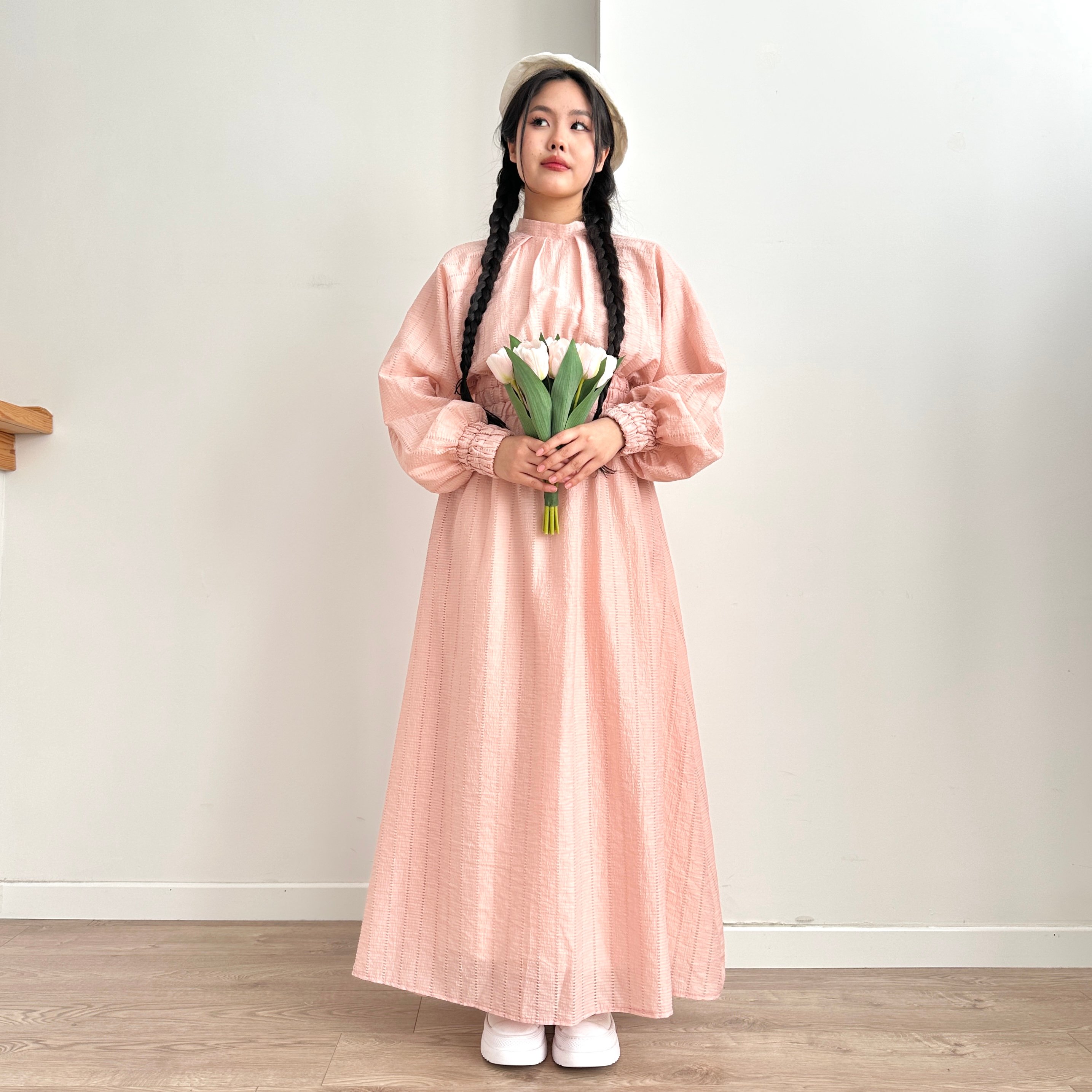 Belden Büzgülü Elbise - Toz Pembe