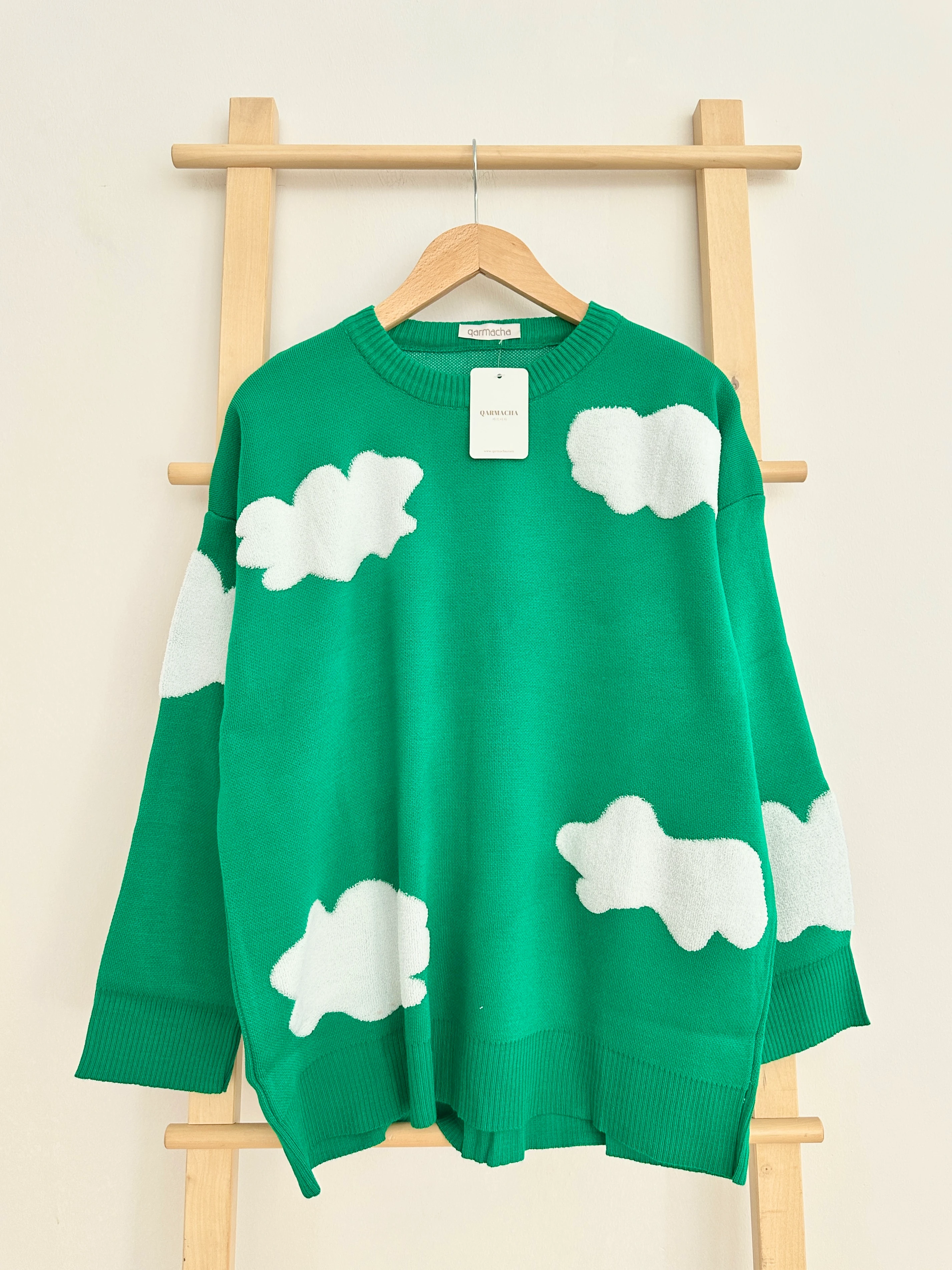 Bulut Desenli Triko Kazak - Yeşil