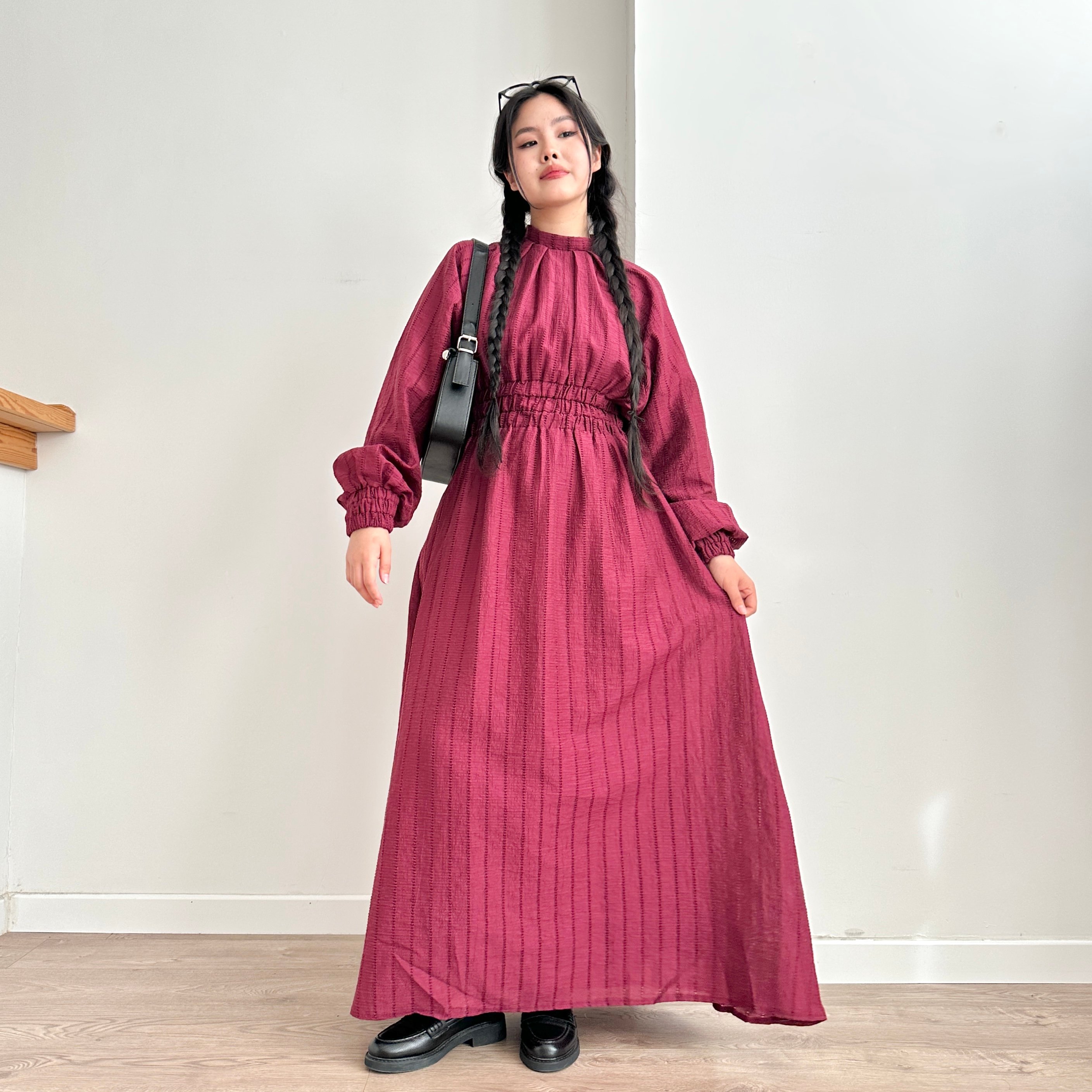 Belden Büzgülü Elbise - Bordo