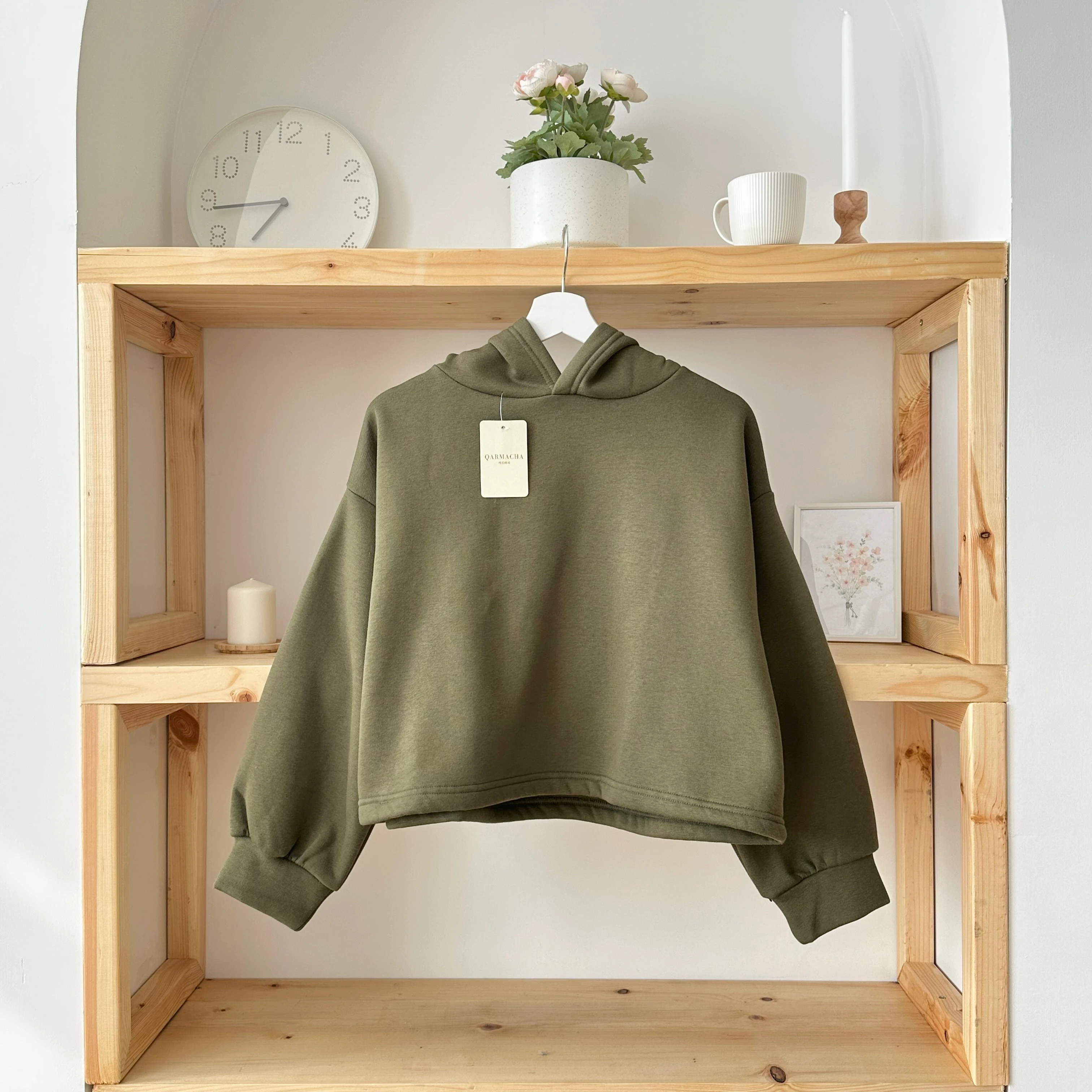 3 İplik Kapüşonlu Crop - Haki Yeşili