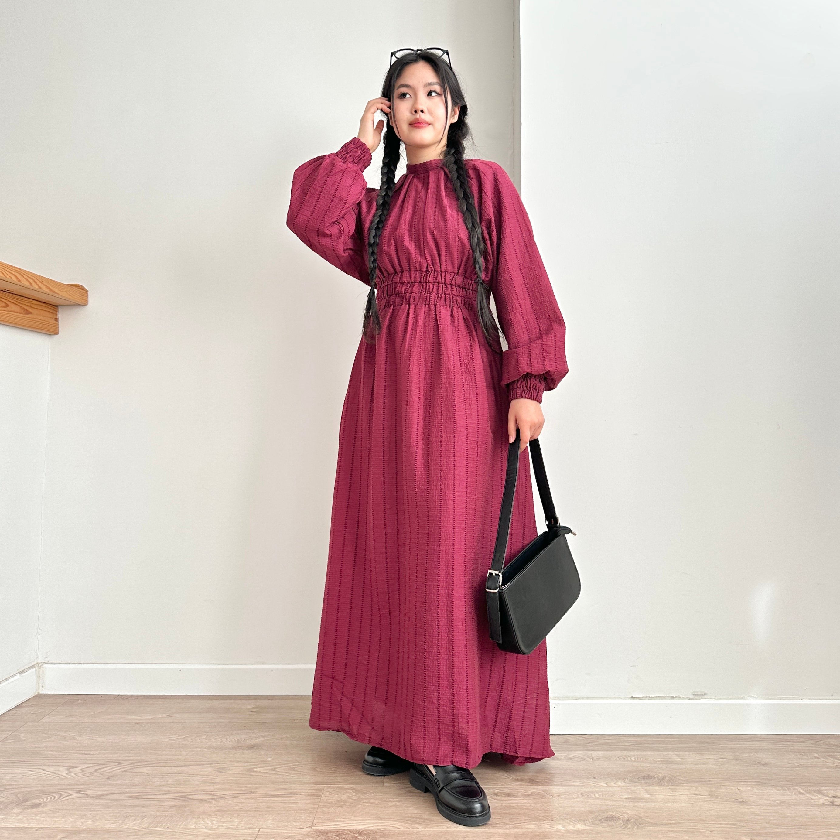 Belden Büzgülü Elbise - Bordo