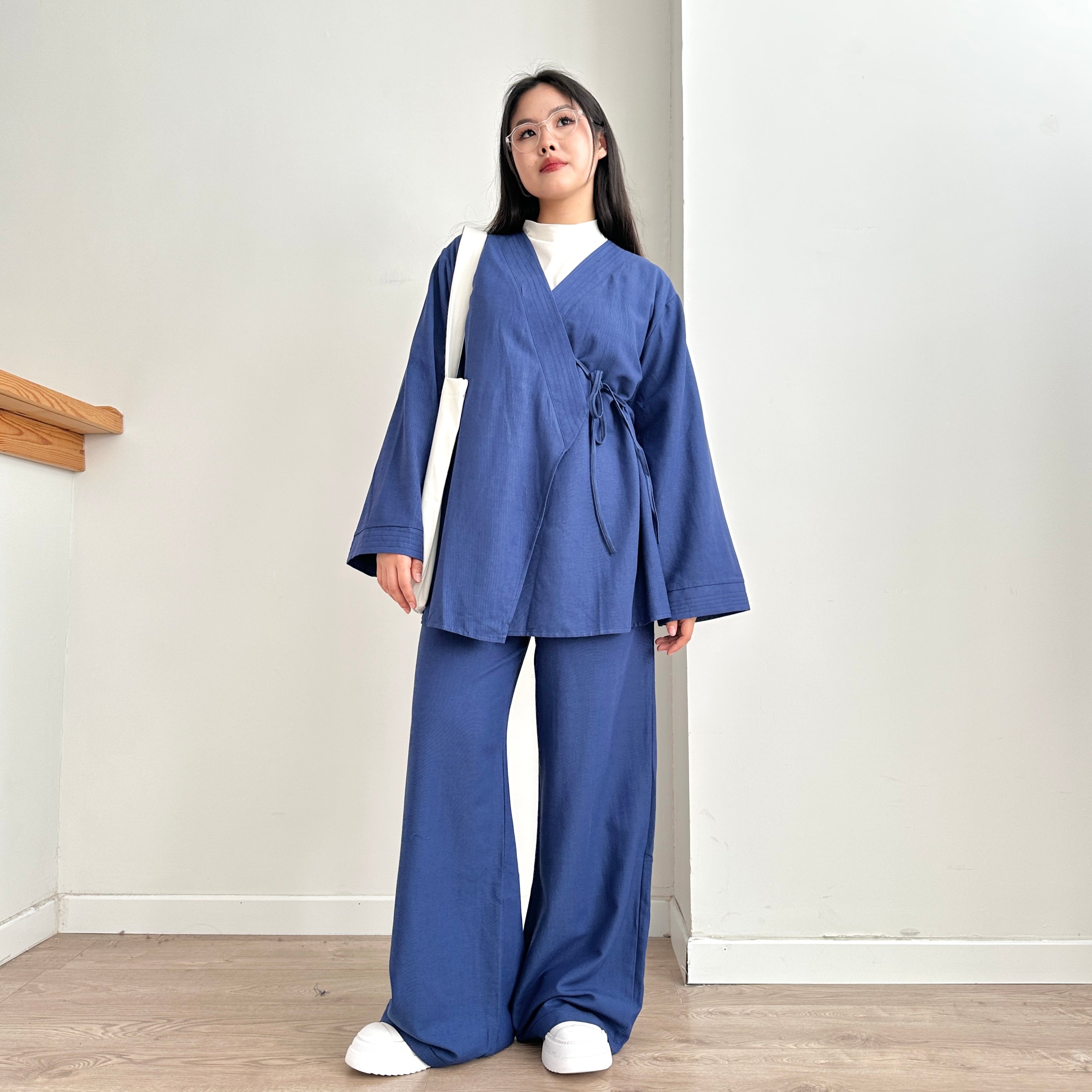 Belden Bağlamalı Keten Kimono & Pantolon Takım - Saks Mavisi